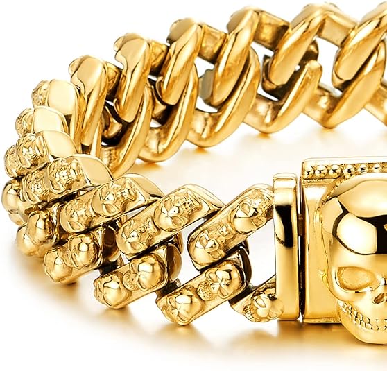 COOLSTEELANDBEYOND Pulsera Del Cráneo Calavera, Acero Inoxidable Cadena Barbada De Hombre, Color Plata Espejo Pulido, Gótico Punk Biker