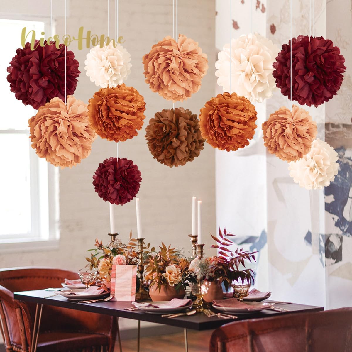 NICROHOME EUR Wedding Party Decorations, 12 PCS Carmine Rust Orange Light Brown Tissue Paper Pom Poms for Rustic Wedding Bridal Shower Retro Party Baby Shower Birthday New Year Party - Image 5