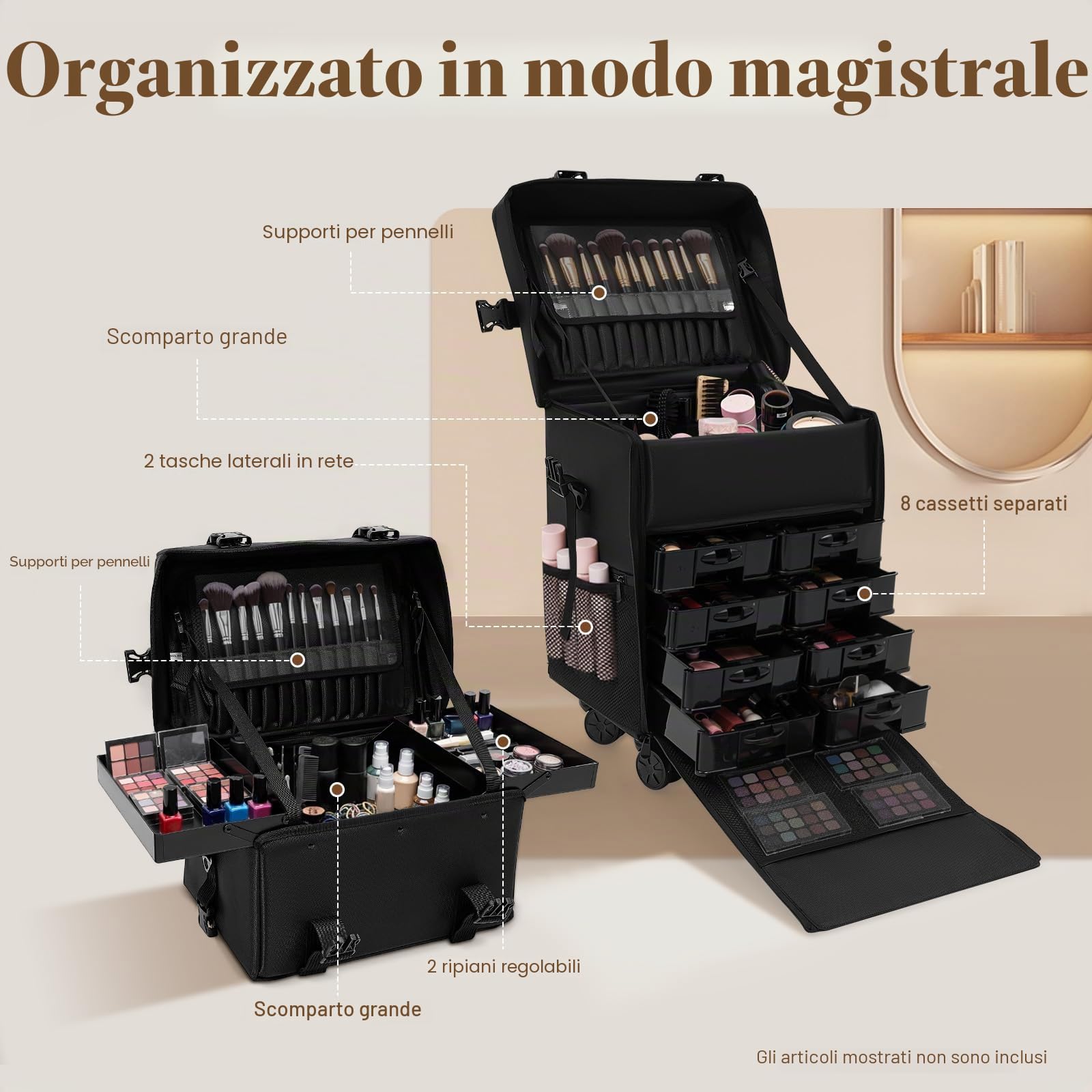 Beauty Case 2 in 1 Professionale Con 8 Cassetti e Ruote, Valigetta per Il Trucco da Pilota, Trolley da Viaggio, Nero, Nylon