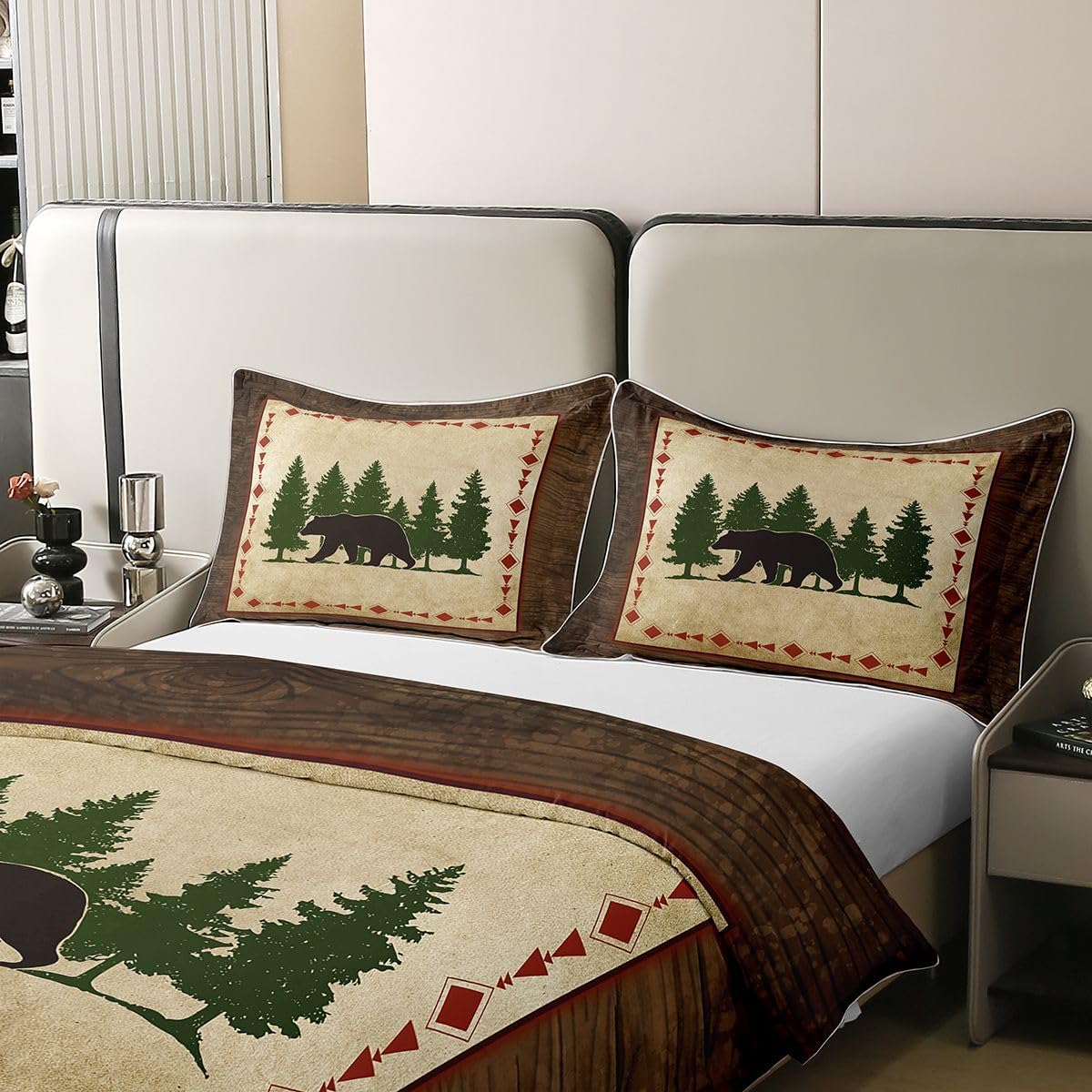 Cabin Bear 100% Cotton Duvet Cover Twin Rustic Bedding Bear Wildlife Comforter Cover Botanical Tree Pattern Quilt Cover Country Nature Wild Animals Bedspread Cover Farmhouse Bedroom Decor 2 Pcs