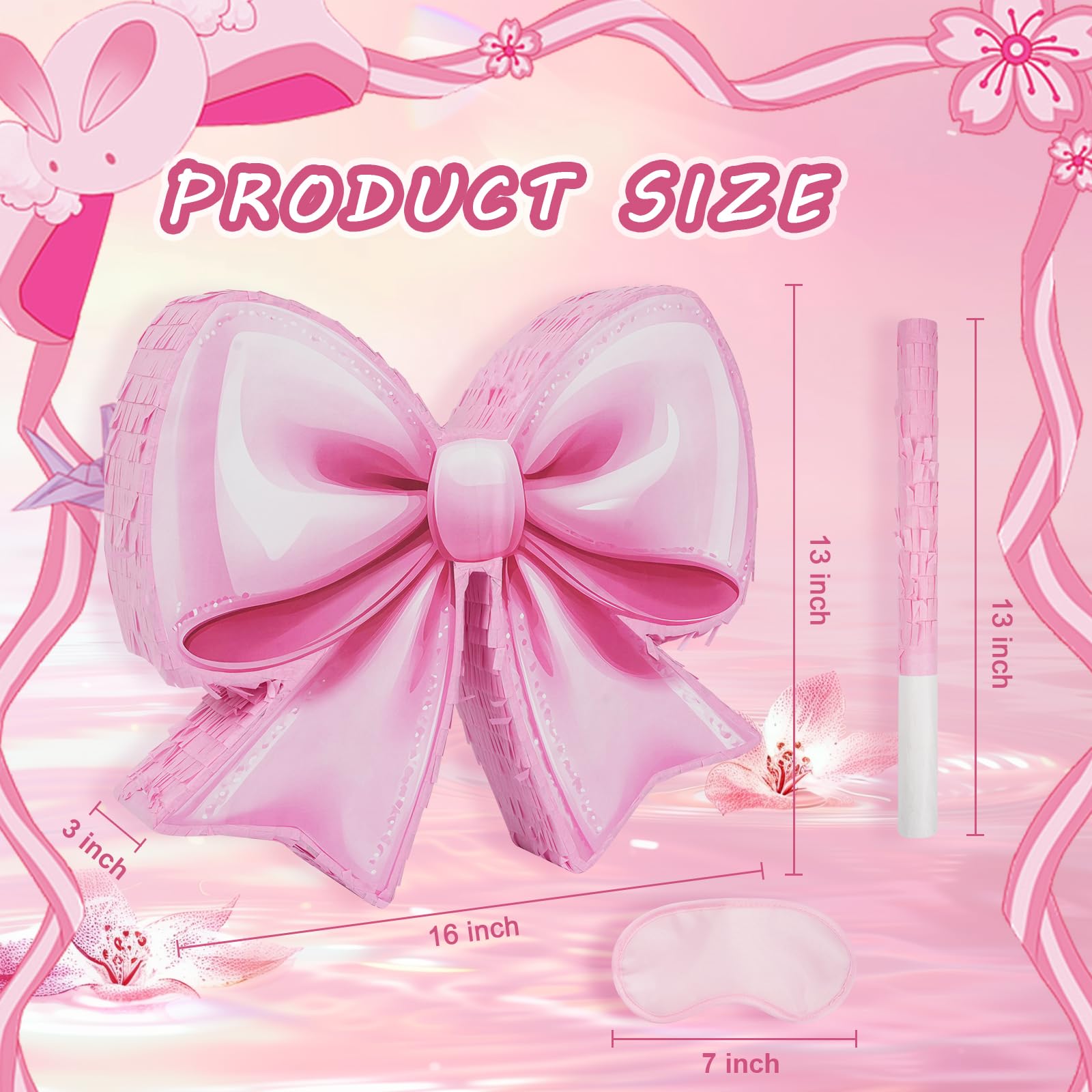 JOARHONAL Pink Bow Piata - Watercolor Pink Bow Piata with Blindfold and Bat for Girls Kids' Birthday Party Decorations (16