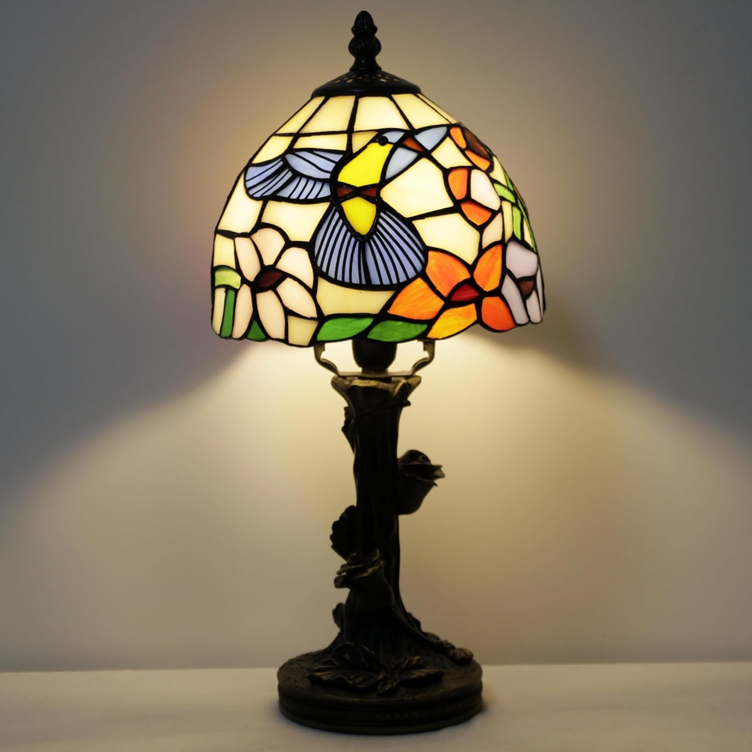 Small Tiffany Table Lamp Stained Glass Desk Lamp Hummingbird Style Bedside Desk Light Mini Accent Memory Lamp 8X15 Inch