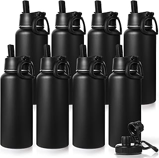 Neihepal 32 oz Insulated Water Bottles Bulk with 2 Lids (Straw & Spout Lid), Stainless Steel Double Wall Water Bottle, Keeps Cold 24H & Hot 12H (Black,8 Pack)