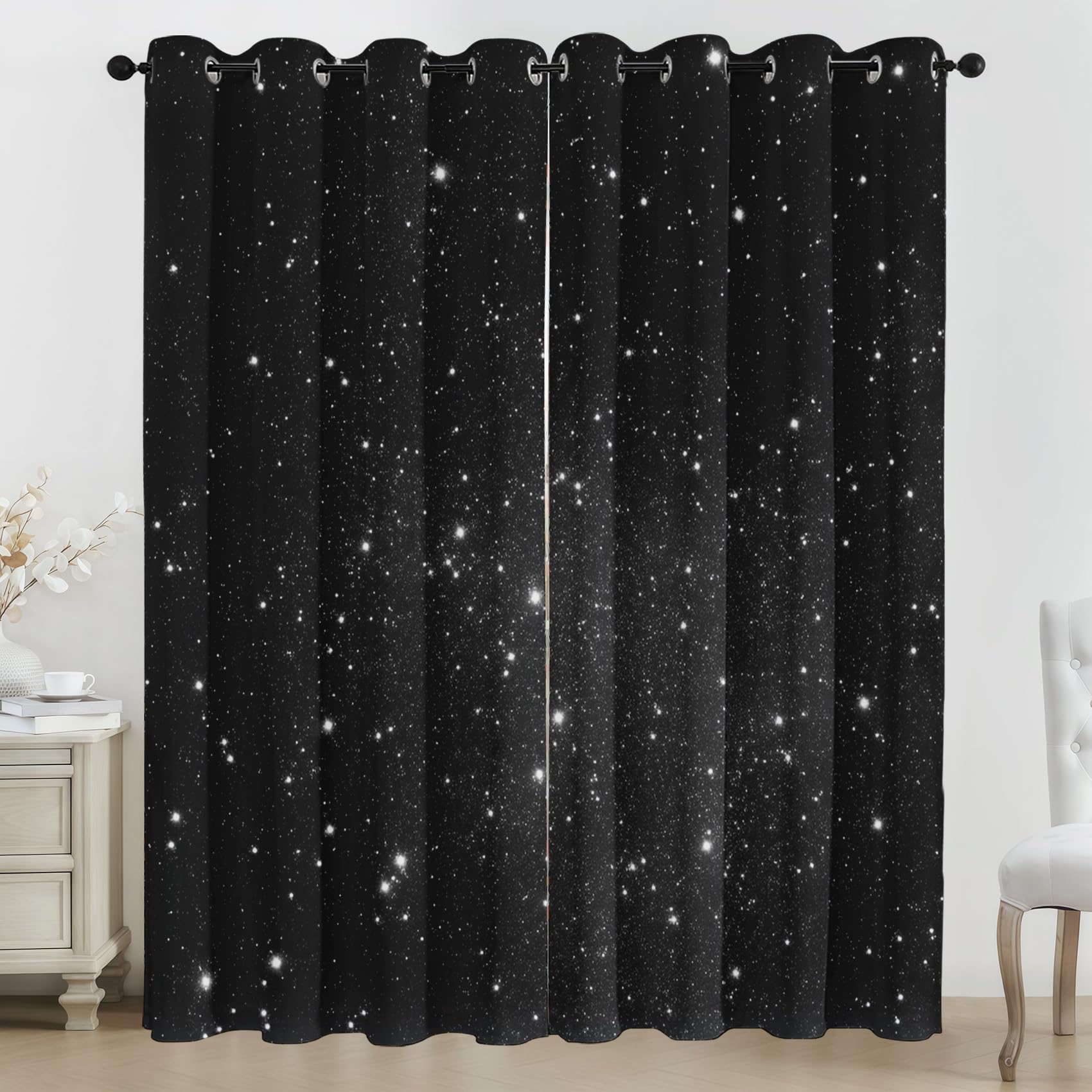 Starry Sky Eyelet Curtains, 3D Galaxy Print Blackout Curtains, 2 Panels Room Darkening Thermal Insulated Window Drapes for Living Room Bedroom, 90 x 108 Inch