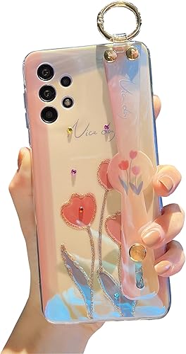 Funda para Samsung Galaxy A32 0.18 oz linda con correa de muñeca Kickstand A32 Case Glitter Bling Cartoon IMD Soft TPU a prueba de golpes Funda