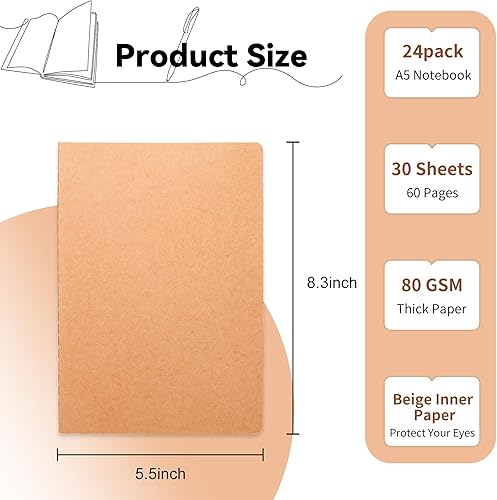 Miniatura 2 de miikoul Paquete de 24 cuadernos de papel kraft en blanco, 8.3 x 5.5 pulgadas, tamaño A5, cuadernos en blanco a granel de 2.82 ozm sin forro con 60