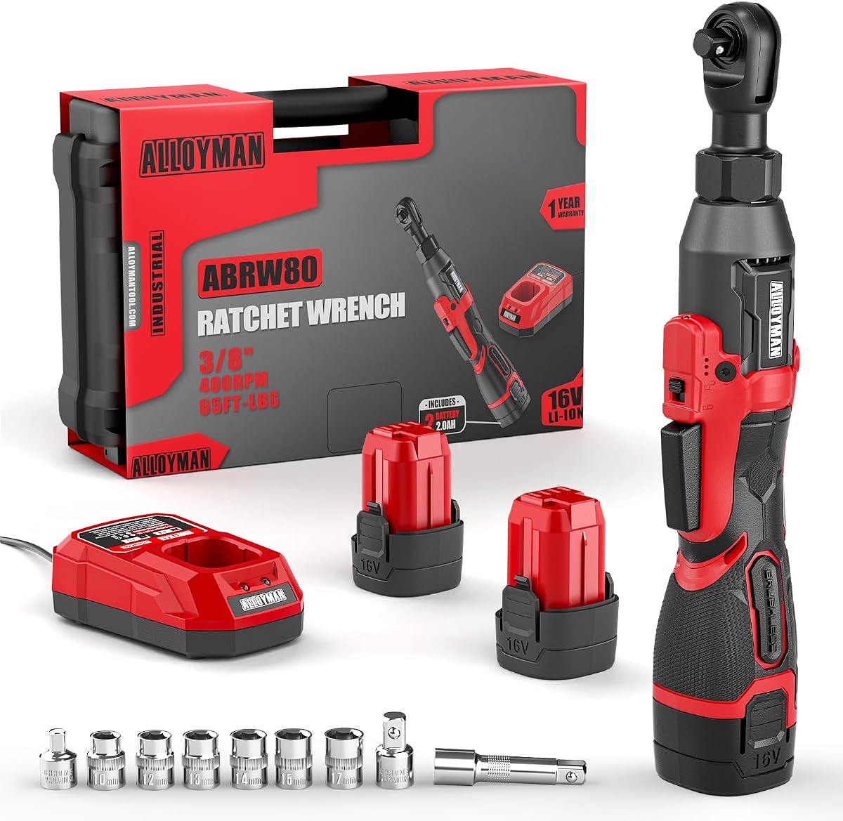 Alloyman Cordless Ratchet Wrench, 3/8" 16V Brushless 65 ft-lbs, 2 Batteries