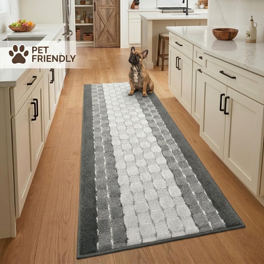 Non Slip Washable Carpet Runner Rug, Custom Floor Mat for Kitchen Hallway Stairs Bedroom Bathroom Entry, Rubber Backing, Checkered Anthracite Grey, Your Choice of Length, 26 Inch X 6 feet