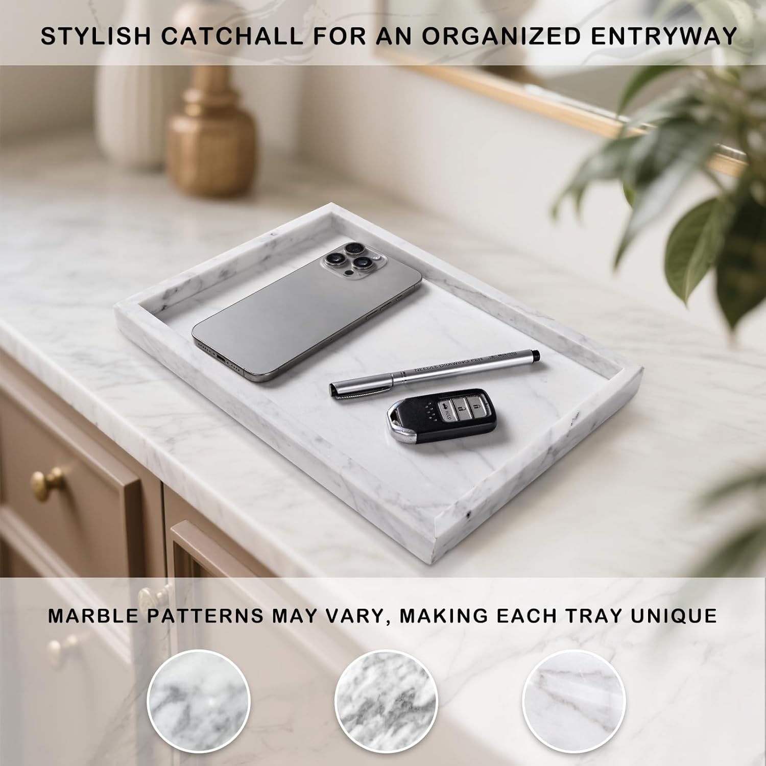Marble Bathroom Tray for Countertop & Home Decor, Natural Decorative Marble Tray for Jewelry & Perfume Organizer, Luxury Stone Vanity Trays for Dresser, Kitchen Counter, 12" x 8", White