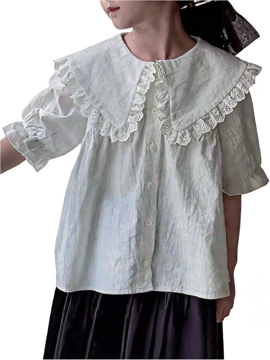Verdusa Girl's Doll Collar Button Down Blouse Ruffle Eyelet Tops Puff Sleeve Summer Shirts