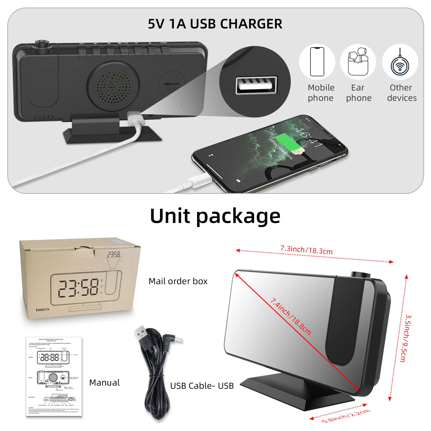 Sveglia con proiezione Orologio digitale da comodino con proiettore a 180° 7,4 '' Ampio schermo a specchio Display Porta di ricarica USB 4 livelli Luminosità Dimmer Snooze Dual Alarm Setting
