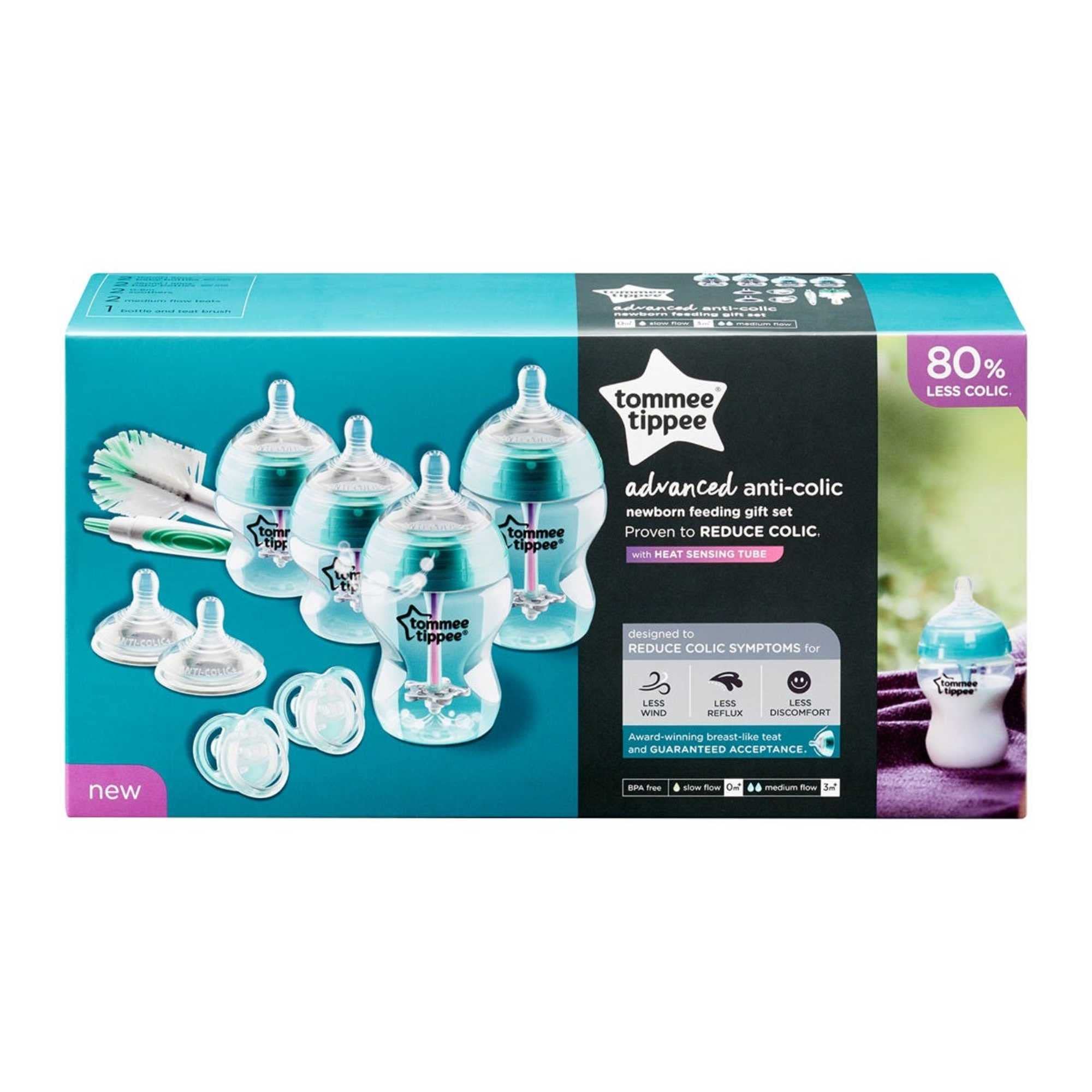 Tommee Tippee Advanced Anti-Colic Newborn Baby Bottle Starter Set, Breast-Like Teat and Heat Sensing Technology, Clear
