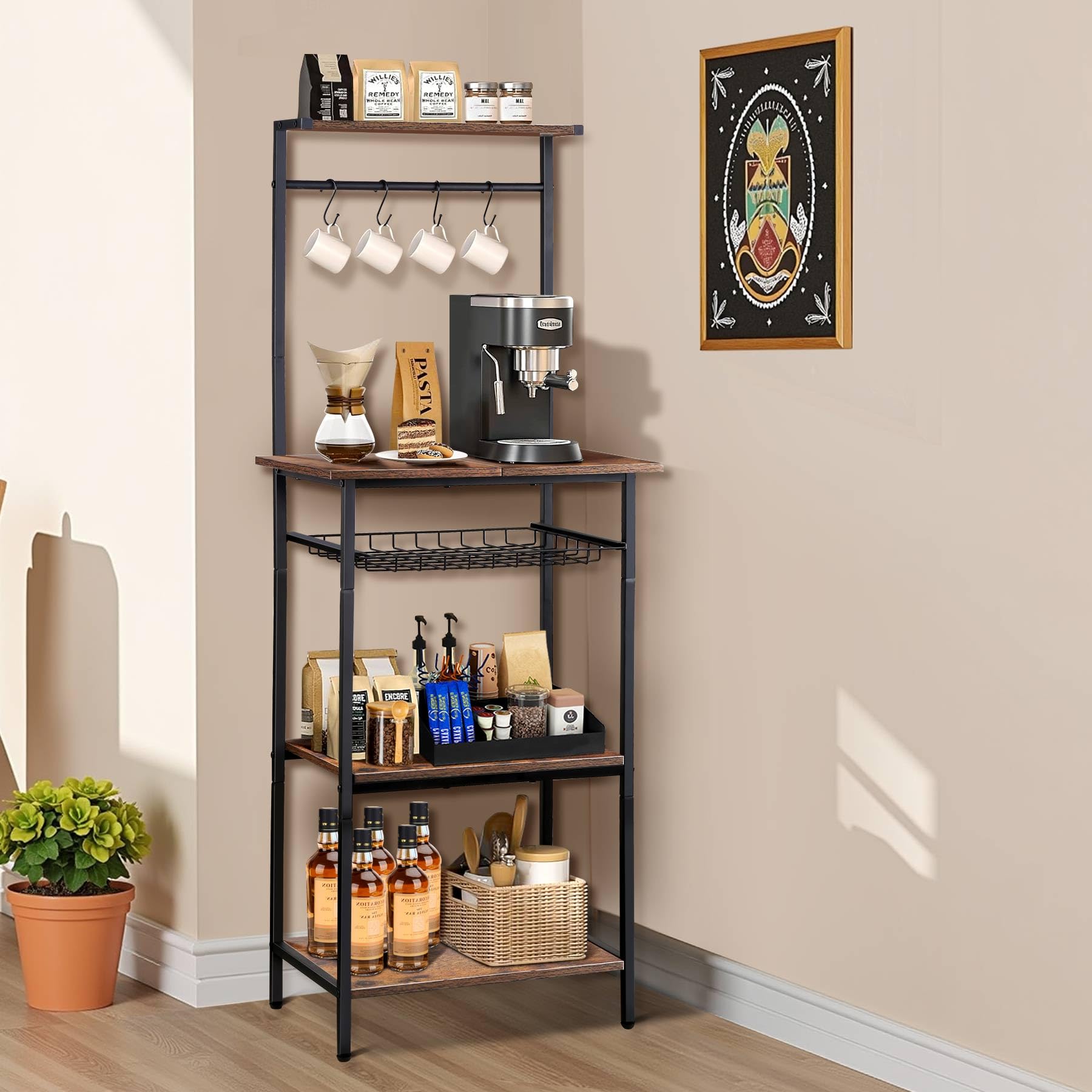 Possible Small Coffee Bar Station - Corner Coffee Cart with Pullout Wire Basket, 5 Tier Stand for Kitchen, Living Room, Small Spaces, Mini Narrow Bakers Rack