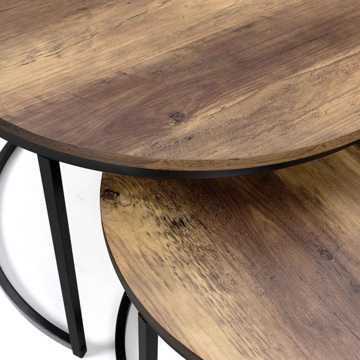 IDMarket - Lot de 2 Tables Basses gigognes Hawkins Rondes 54/70 Bois foncé Design Industriel