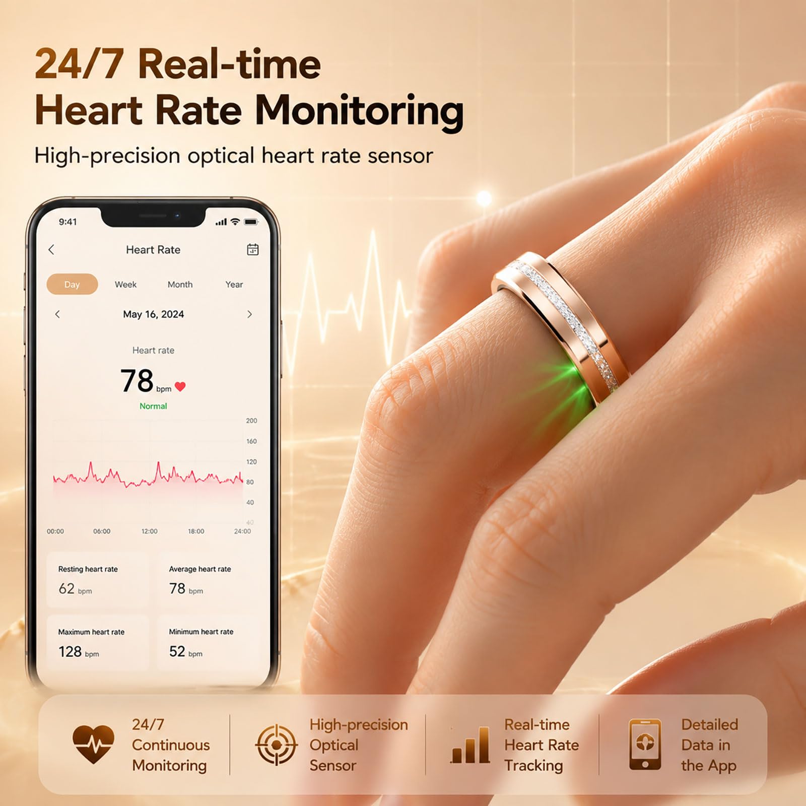 Anillo inteligente de fitness para mujer, anillo de diamante, rastreador de actividad, monitor de frecuencia cardíaca, rastreador de sueño, anillos inteligentes, podómetro, contador de pasos, contador