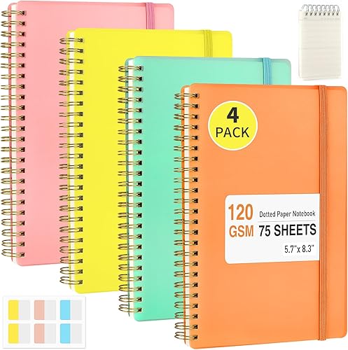 Smarpau Paquete de 4 cuadernos en espiral de 5.7 x 8.3 pulgadas, 75 hojas150 páginas por cuaderno, diario grande de cuadrícula de puntos disponible en Yaxa Peru