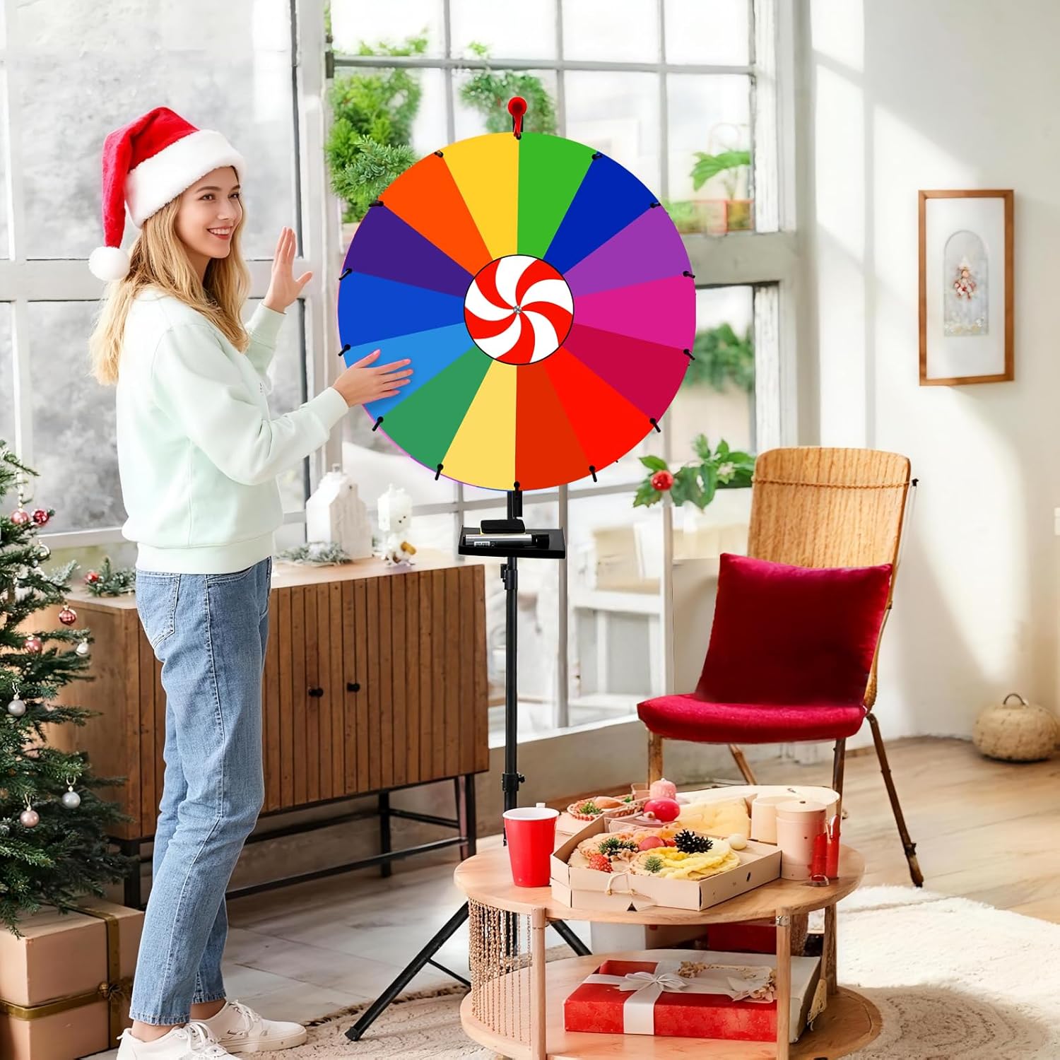 24-inch Heavy Duty Spinning Prize Wheel with Stand, Professional 34"-65" Adjustable Height Metal Floor & Tabletop Spinner, 14-Slot Dry Erase Wheel of Fortune for Trade Shows, Carnivals