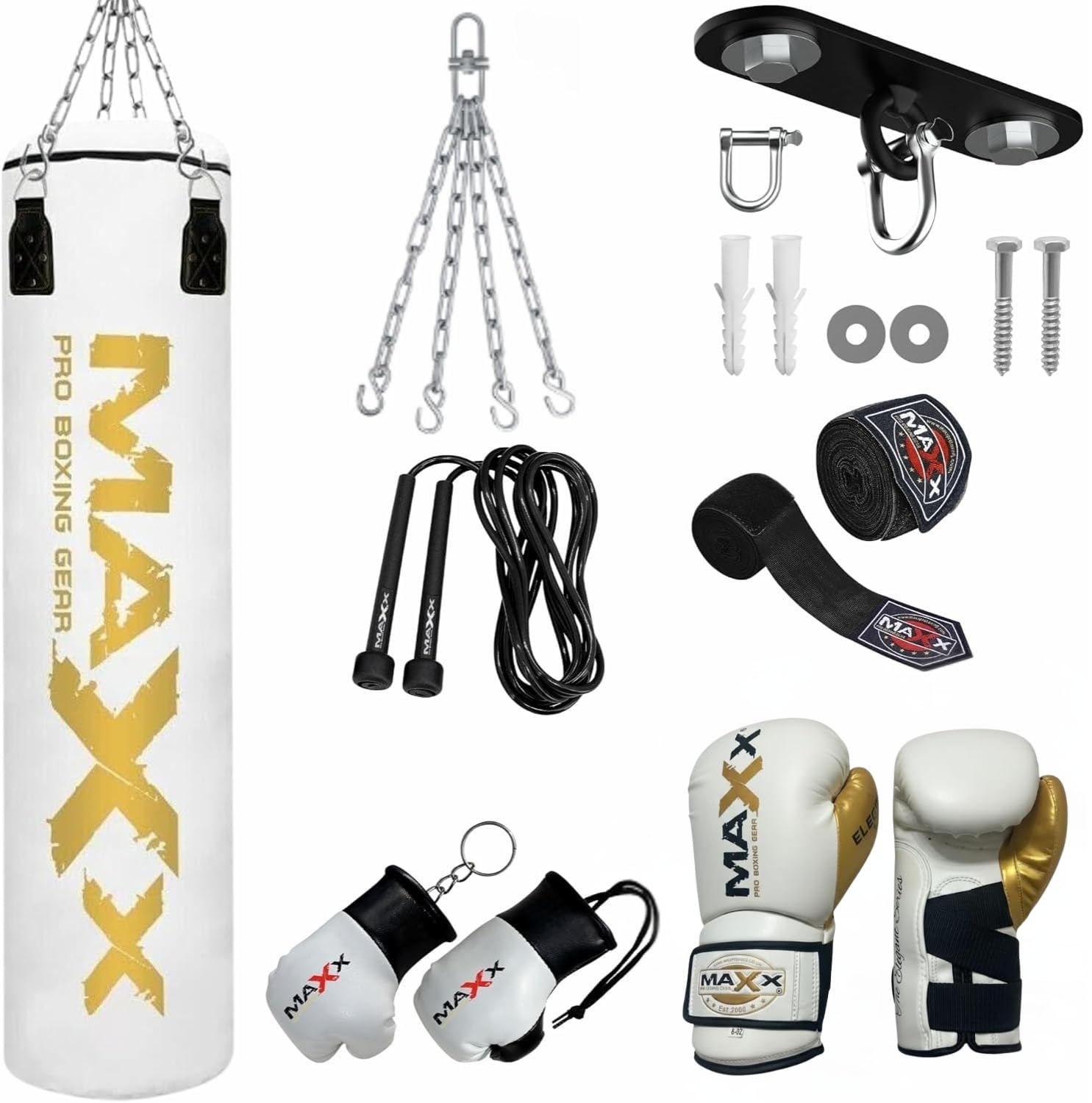 Maxx White And Gold 3ft 4ft 5ft 6ft Filled Hanging Boxing Punch Bag Set Heavy Punching bag (10pcs set with Hook, 5FT)