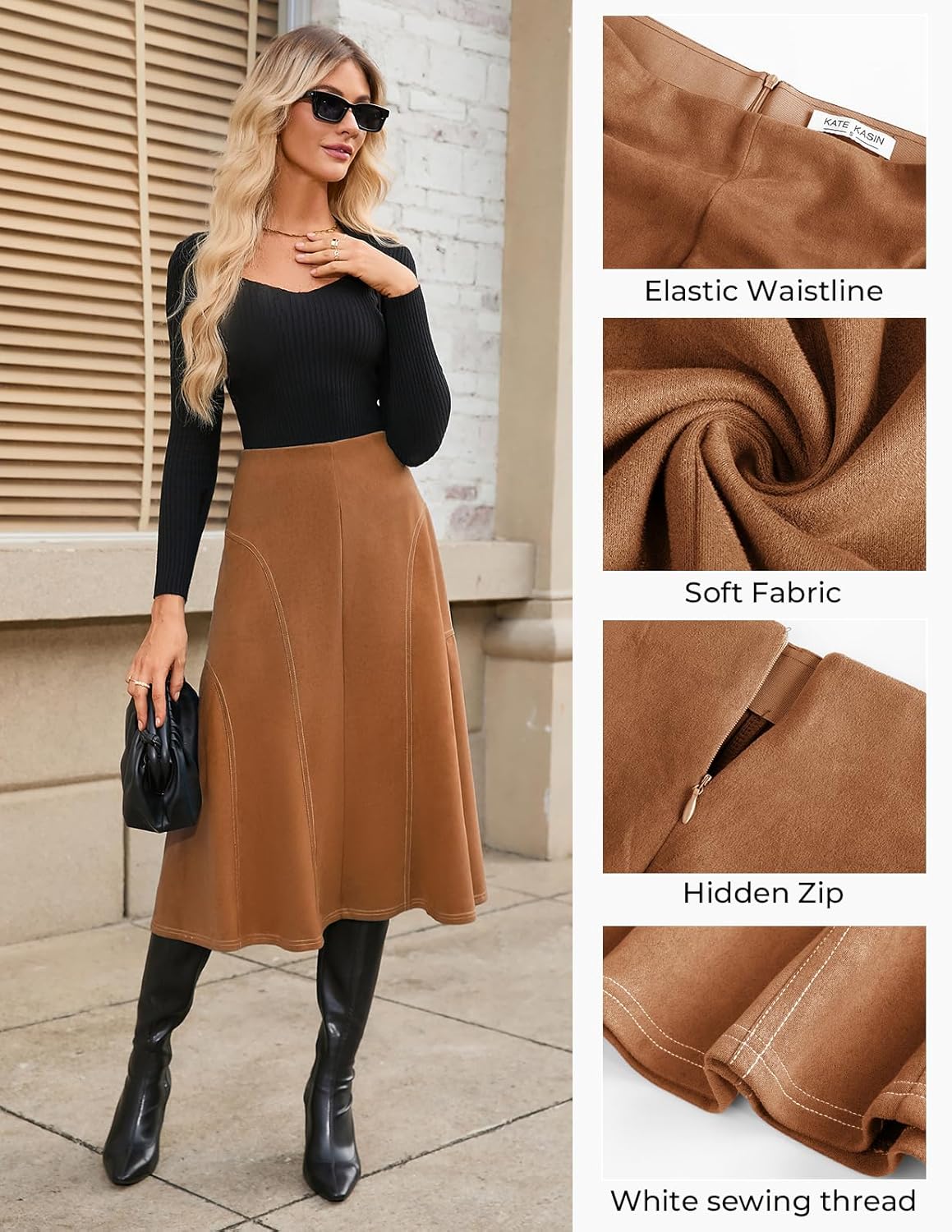 Kate Kasin Women's Suede Midi Skirt 2025 Fall Winter High Waist A Line Skirt - Image 4