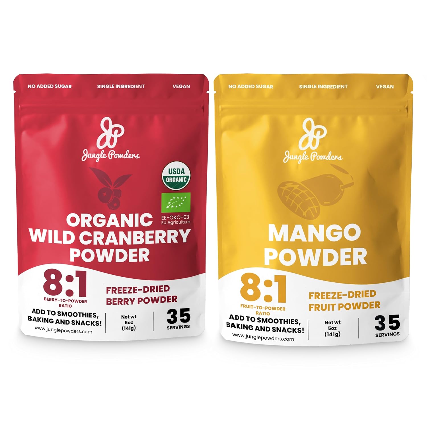 Jungle Powders Organic Superfood Bundle: Freeze-Dried Wild Cranberry Powder 5oz & Mango Powder 5oz - USDA Certified, Additive-Free, Ideal for Baking, Smoothies, Flavoring & More!