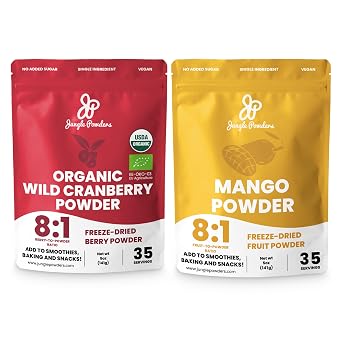 Jungle Powders Organic Superfood Bundle Freeze-Dried Wild Cranberry Powder 5oz & Mango Powder 5oz - USDA Certified, Additive-Free, Ideal for Baking, Smoothies, Flavoring & More!