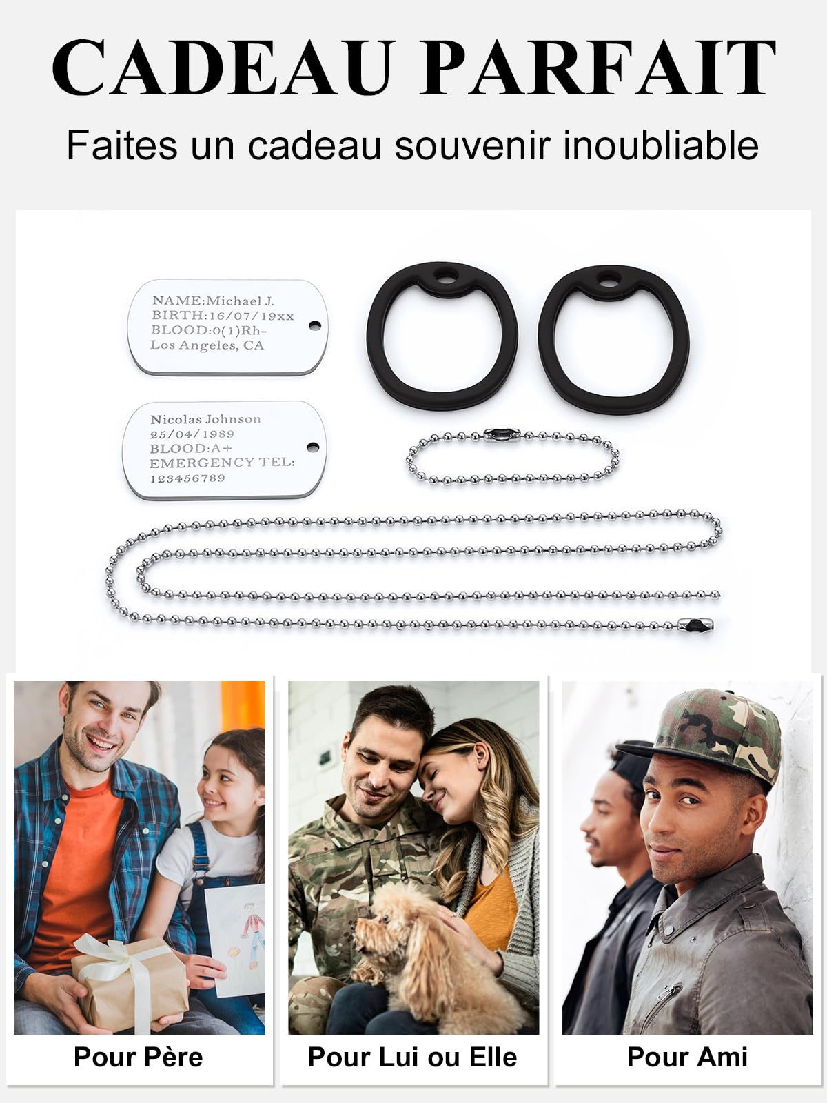 Custom4U Collier Plaque Militaire Personnalisable Homme, Chaîne Militaire Personnalisé, Collier Dog Tag Acier Inoxydable, Bijoux Cadeau pour Lui(Boîte Cadeau)
