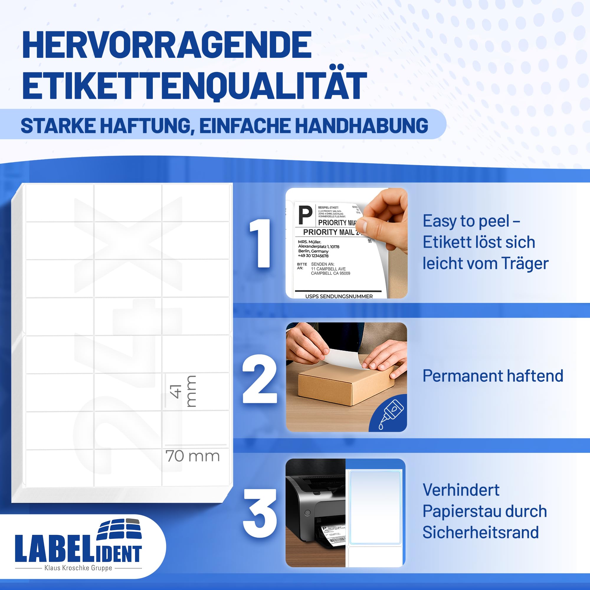 Etichette laser su fogli A4, bianco – 70 x 41 mm – 10.500 adesivi di carta su 500 fogli, autoadesive universali