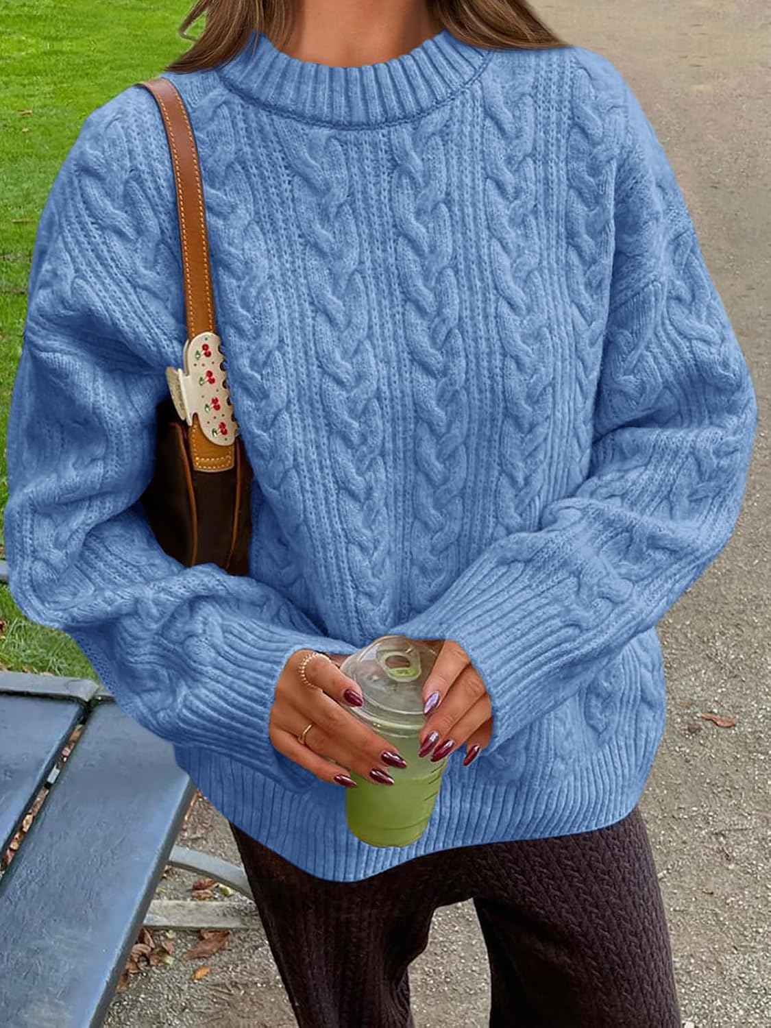 Saodimallsu Womens Cable Knit Sweater Oversized Long Sleeve Chunky Knit Crew Neck Fall Pullover Sweaters Top - Image 2