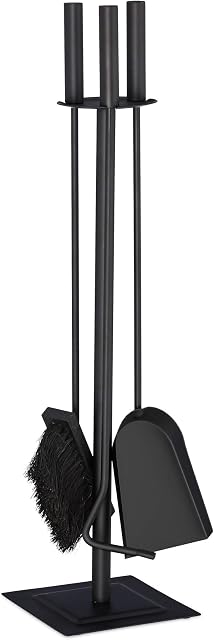 Relaxdays 4-Piece Fireplace Companion Tool Set Shovel, Brush, Poker & Holder, Modern Design, Black, Steel, plastic, wood, 61 x 15 x 15 cm