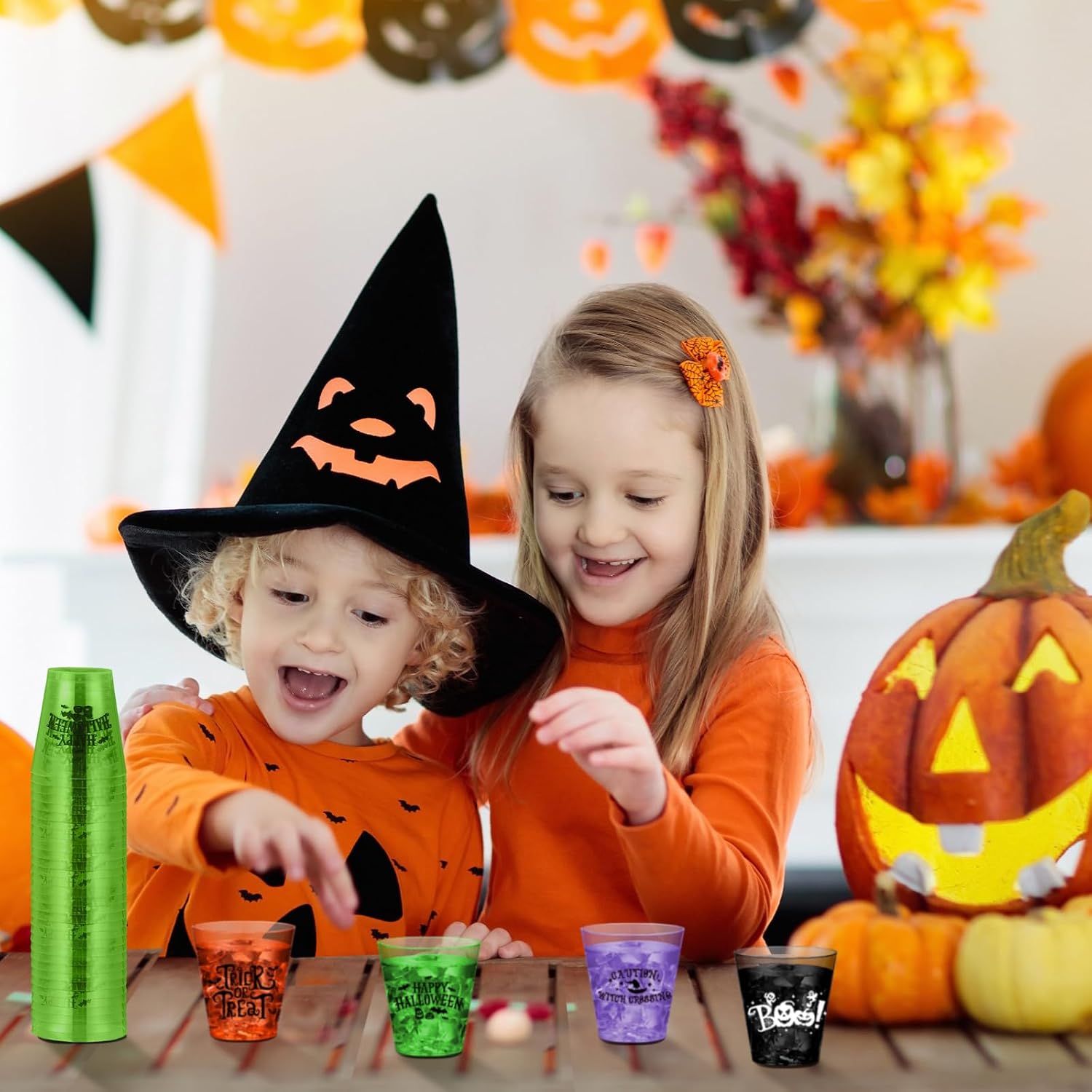 Sunnyray 48 Pcs Halloween Plastic Shot Glasses Bulk 2 oz Clear Hard Plastic Disposable Cups Colorful Small Tasting Cups Disposable for Wine Whiskey Food Halloween Party Drinking Supplies