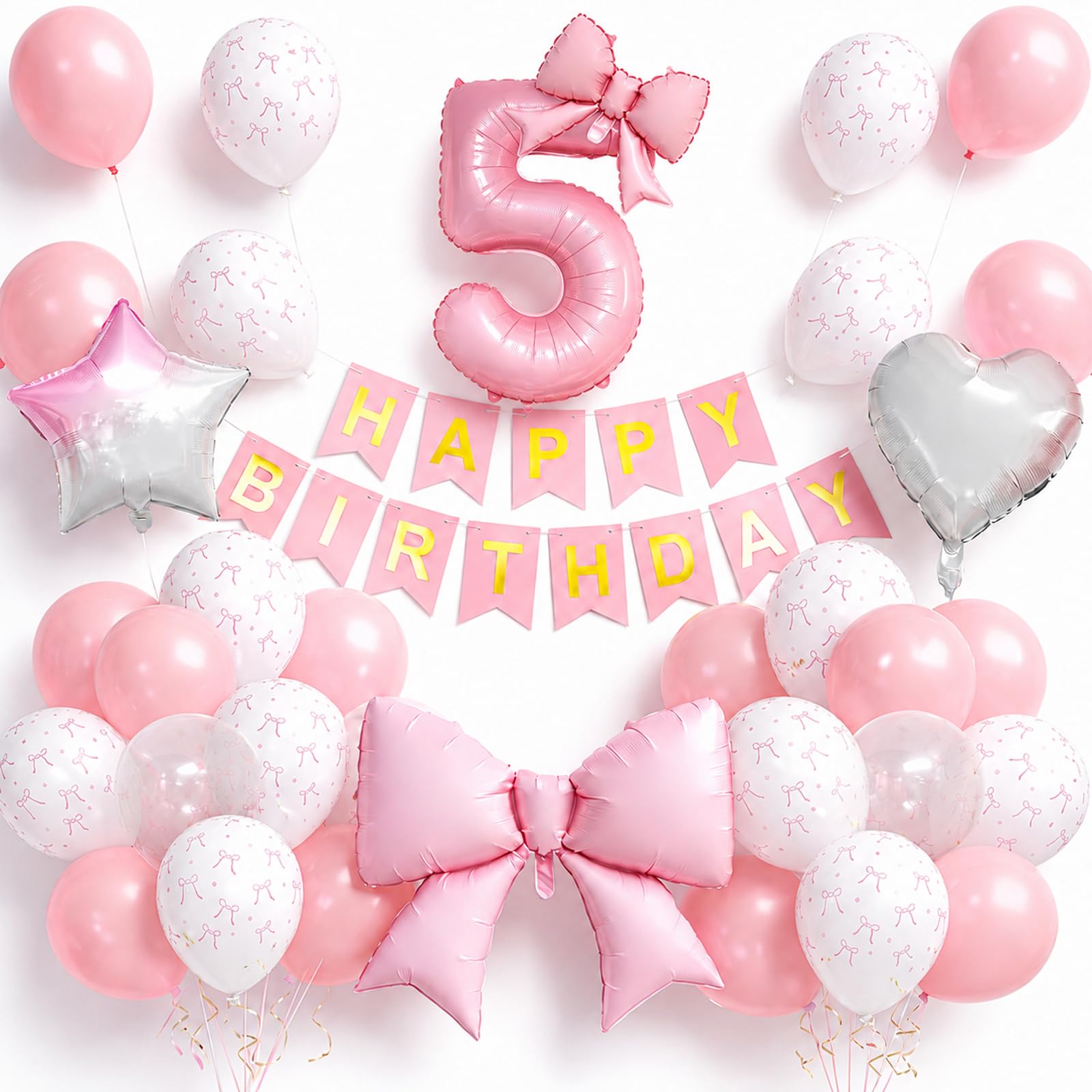 Pink Bow 5th Birthday Decorations for Girls, Giant Bows Balloon Number 5 — image 1