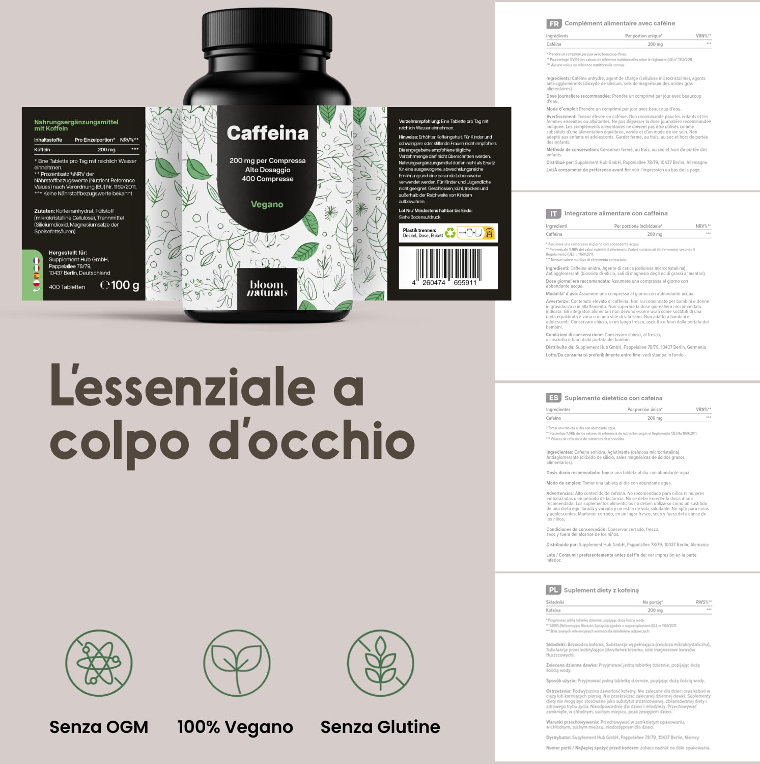 Caffeina Pura – 400 Compresse – 200 mg per Compressa – Alto Dosaggio – Vegano – Prodotto in Germania - Caffeina Integratore - Testato in Laboratorio