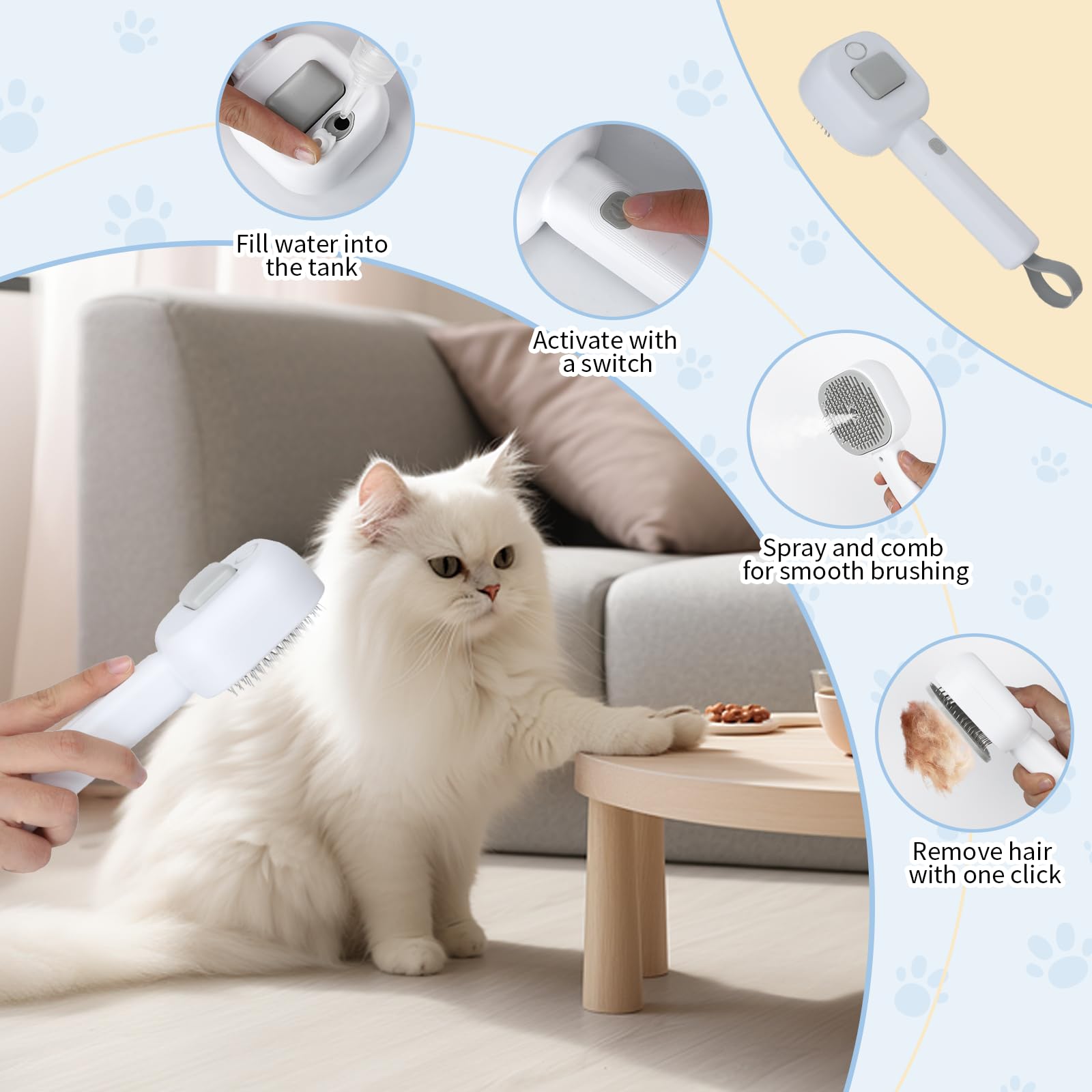 Cozary 4 in 1 Spazzola a Vapore per Gatti e Cani con Pulsante di Rilascio,Ricaricabile Spazzola Vapore con Lampada Antifungina per Massaggi Cura Depilazione,per Peli Lunghi e Corti Gatti Cani Conigli