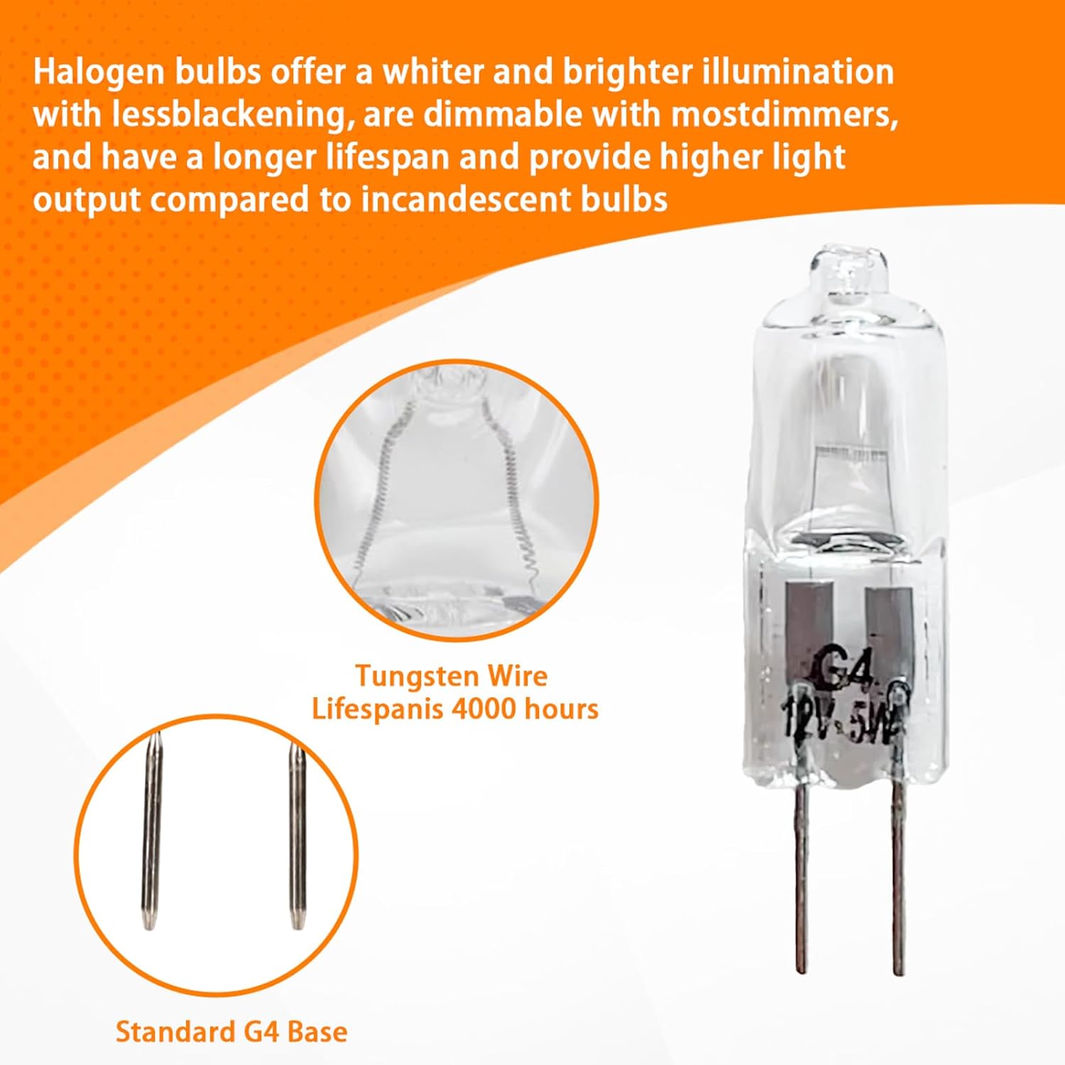3Pcs 64405 5W 12V T4 Halogen Clear Light Bulbs - G4 Bi-Pin Base, 55 Lumens - for Recessed/Track/Security Lighting, Interior Lamps