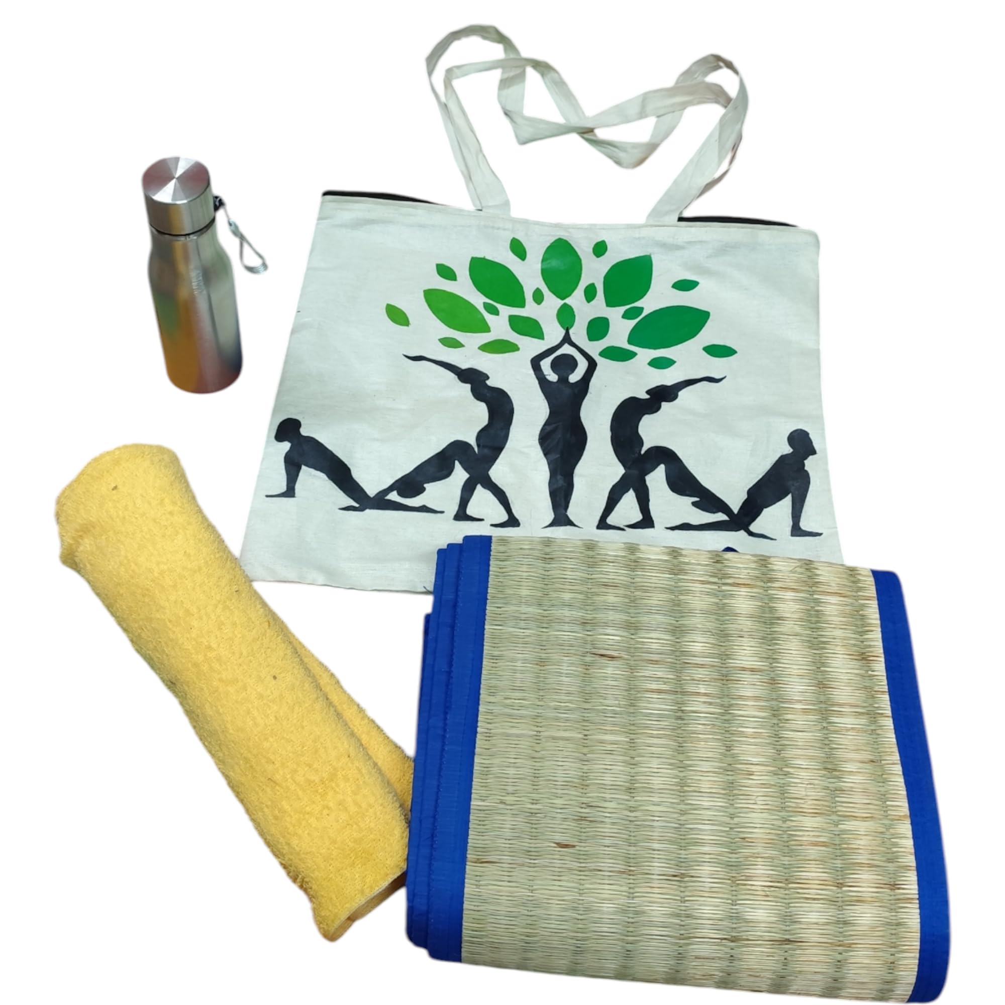 Handcrafted Korai grass Yoga mat towel bottle set I Natural grass Fitness mats with Handpainted Cotton Tote carry bag I Eco friendly Meditation mats I Sustainable picnic mat I Pranayama yogamat I Yogamat for beginners I Outdoor picnic mat I Camping sitting mat I Gym matgift for men women, Blu-N-image-43