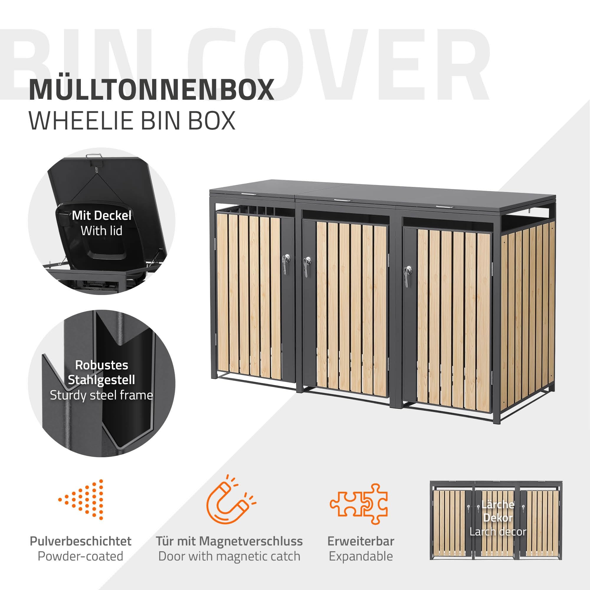 ML-Design Mülltonnenbox 3er 240L, Mülltonnenverkleidung für 3 Mülltonnen, Müllbox wetterfest, Mülltonnenhaus aus Stahl, Müllcontainer mit Deckel, abschließbare Tür, 200x80x120 cm, Anthrazit-Holzoptik