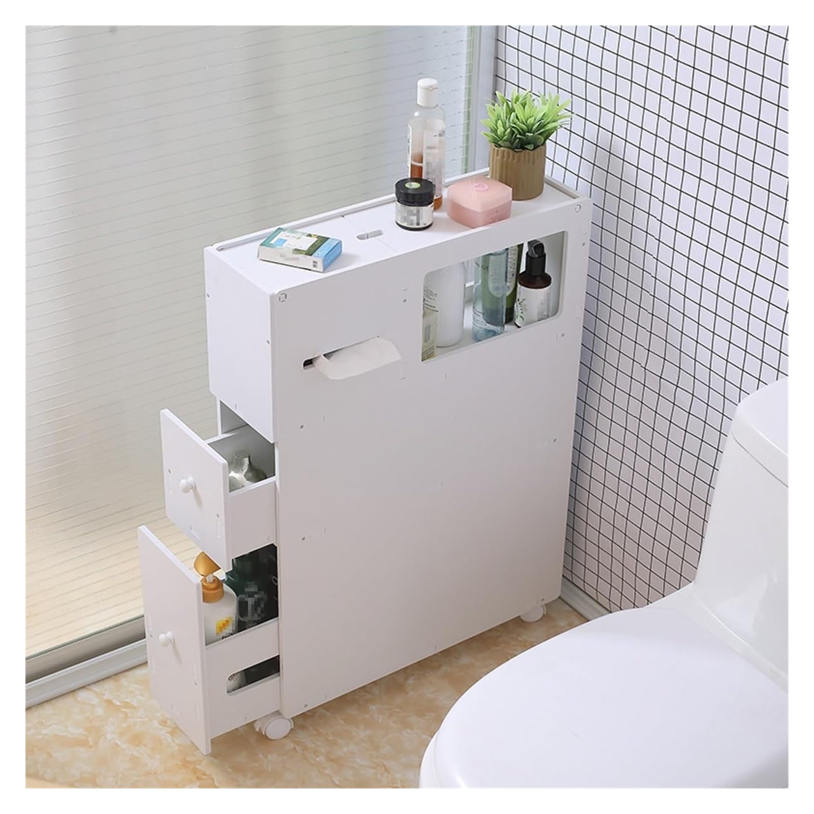 Armadio da Bagno Stretto con Ruote, Organizzatore di stoccaggio Mobile in PVC Bianco, Carrello a 2 cassetti per Piccoli spazi, Soluzione ordinata a Prova di umidità per bucato da Cucina