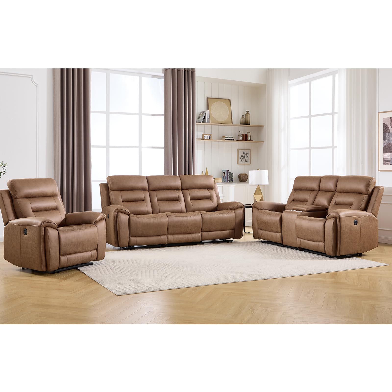 ANJ 3-Piece Power Recliner Sofa Set with Charging Ports, Include Single Recliner Chair, 2-Seater Loveseat with Hidden Storage &amp; Cup Holders and 3-Seater Reclining Couch for Living Room, Brown