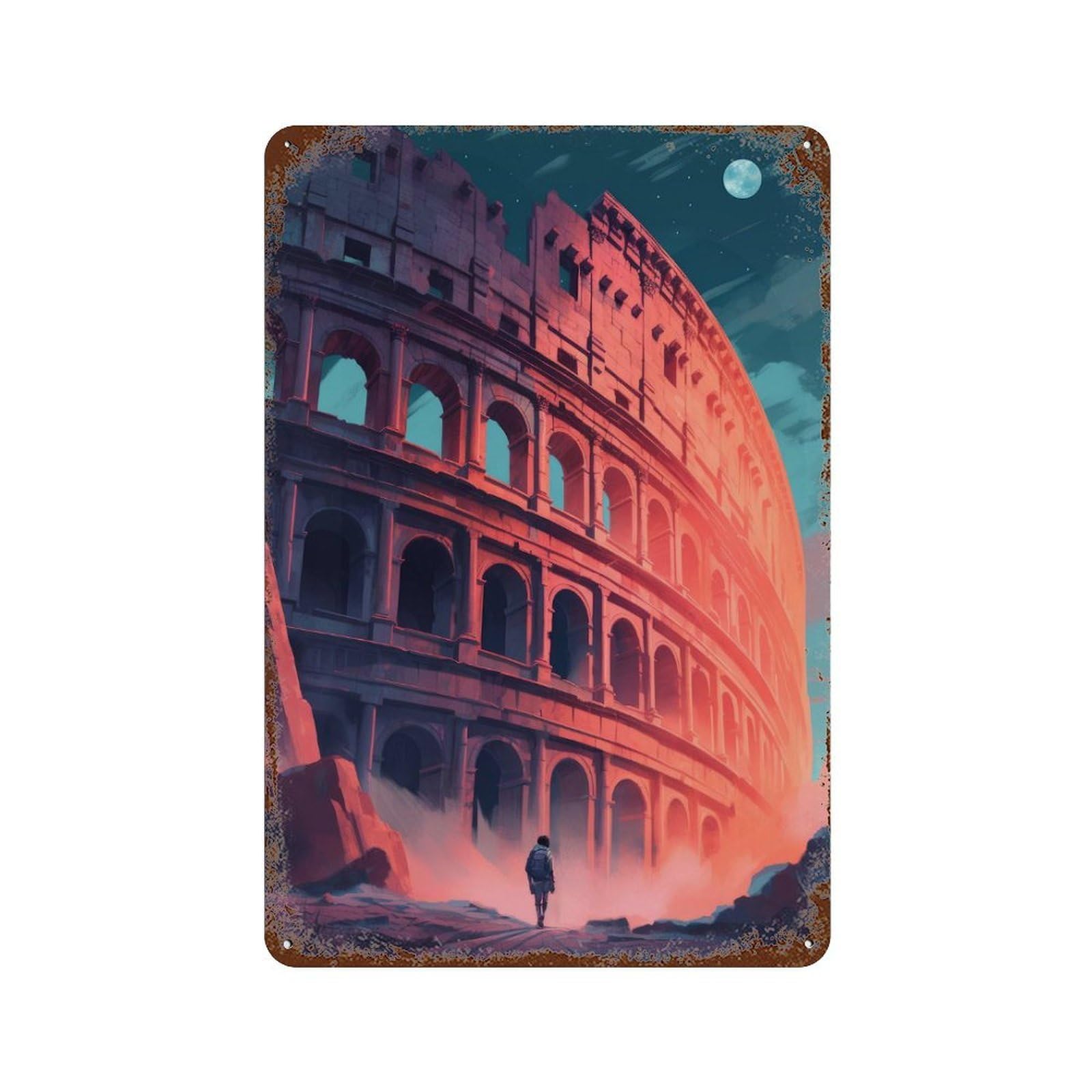 Colosseum Rome Art Print Vintage Wall Sign 11.8"x7.9", Rust Effect Metal Decor for Shed, Workshop And Garage Wall Decor
