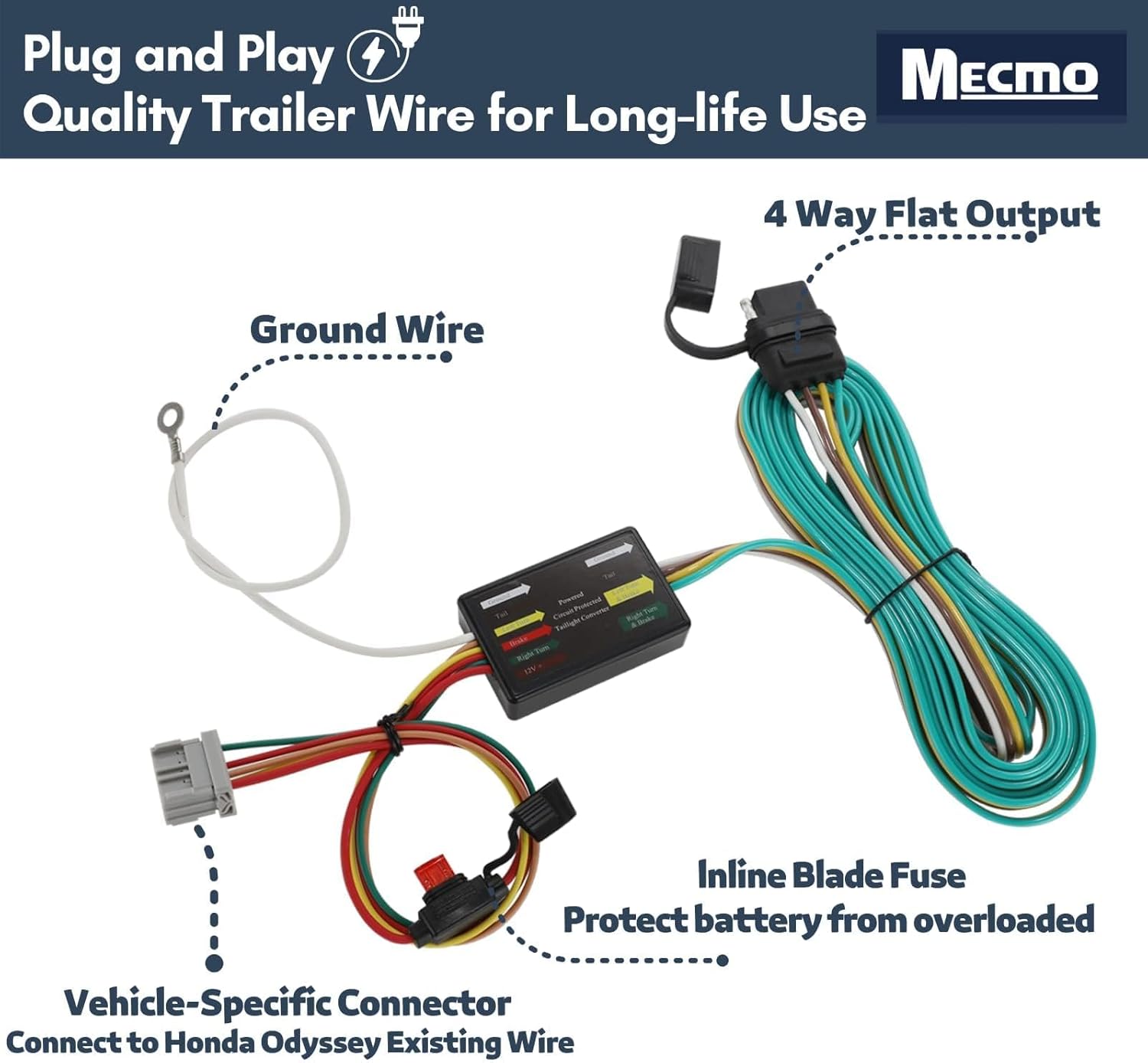 MECMO Trailer Wiring Harness for 2005-2010 Honda Odyssey 4-Way Flat Tow Hitch Wiring for Trailer Light Hook Up, Plug and Play Vehicle Side Custom 4 Pin Towing Replacement Wire for 56161 T-Connector