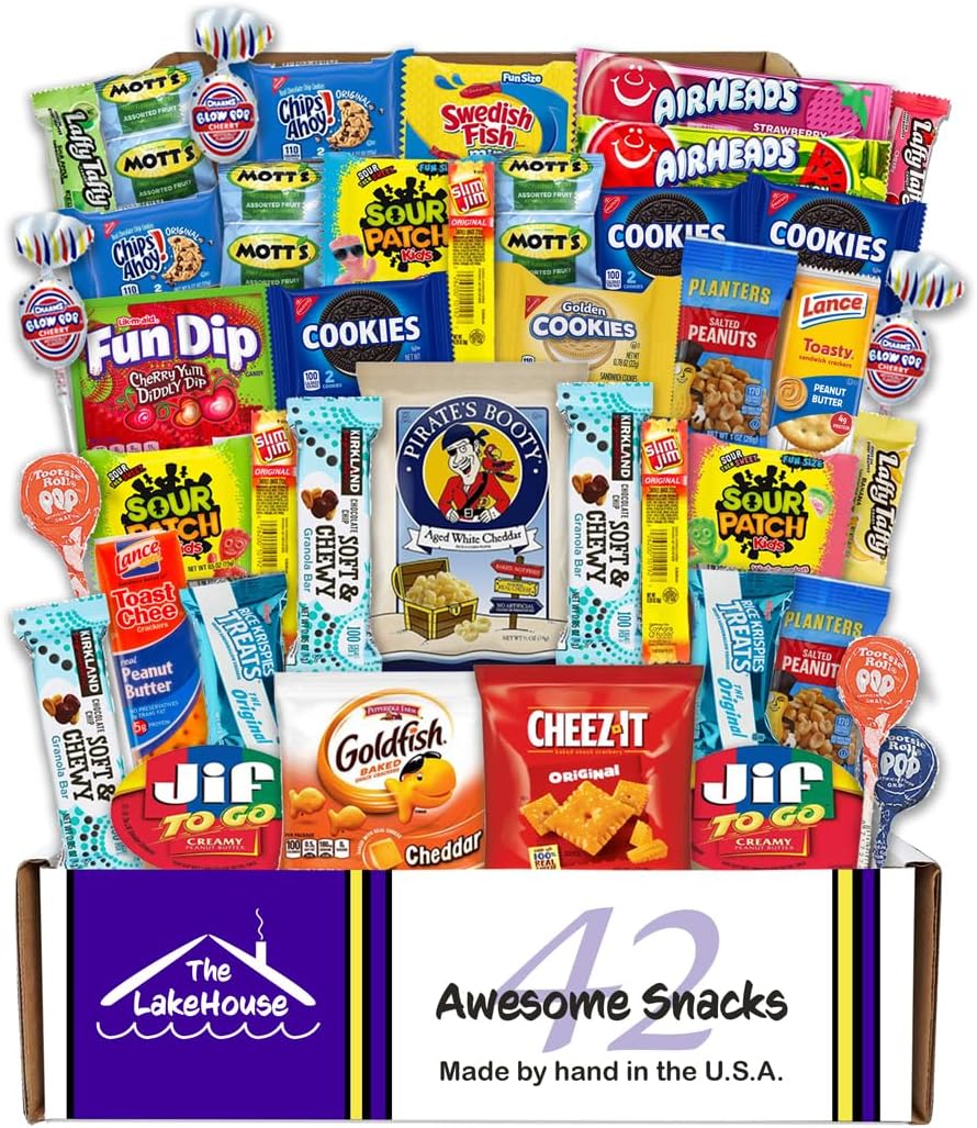 Snacks Variety Pack For Kids - 42 Count Snack Packs Box Camp Care Package Girl Or Boy Salty Sweet Candy Gift Baskets By The Lakehouse