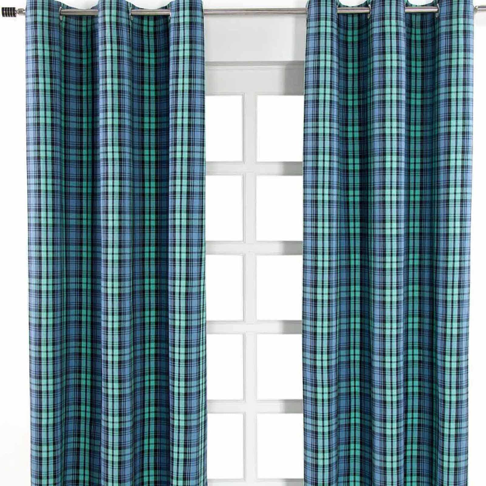 Homescapes Unisex Kids Green Black Watch Tartan Ready Made Eyelet Curtain Pair In | Size: 140Cm Width X 183Cm Drop