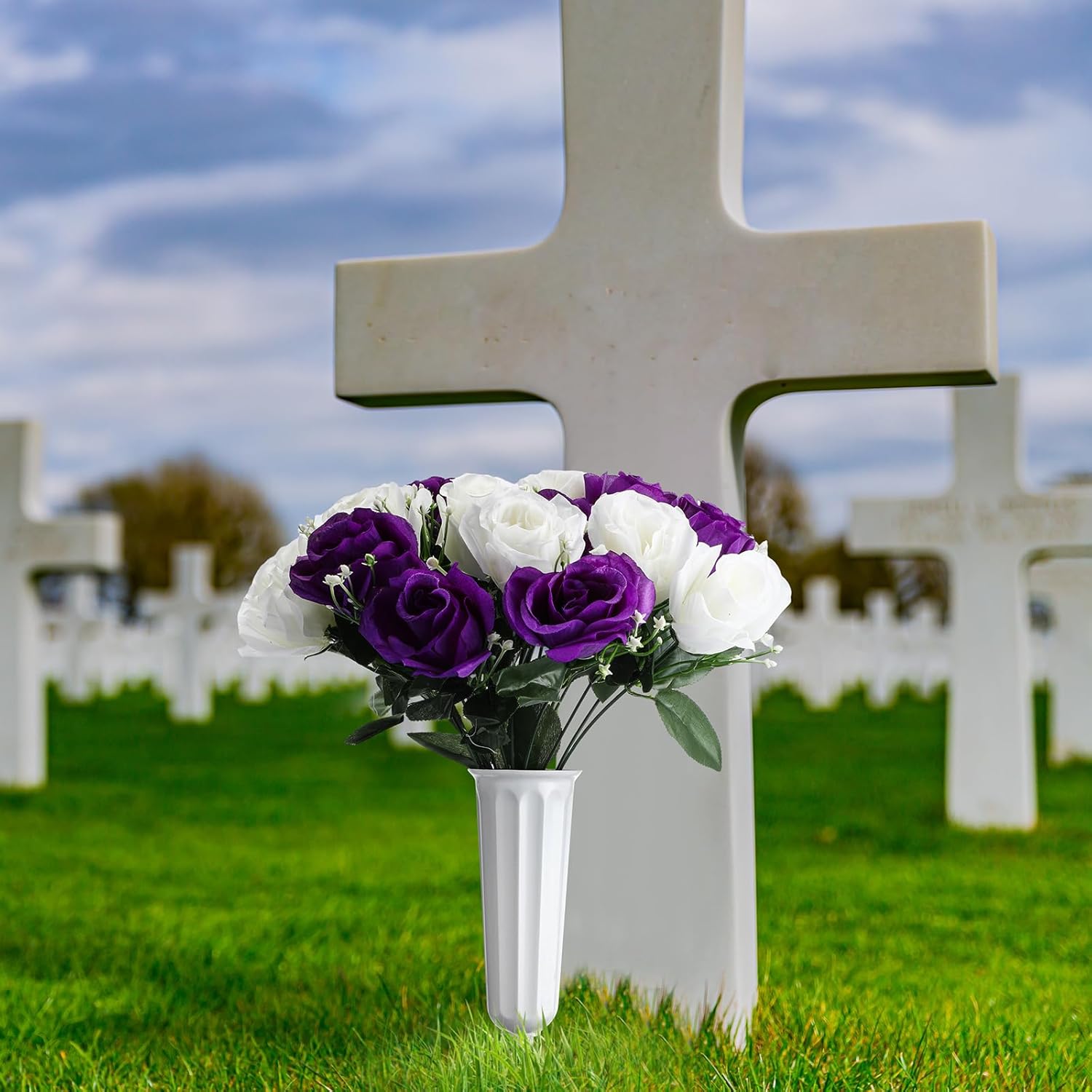 Hotop 2 Sets Memorial Day Flowers for Cemetery Artificial Cemetery Flowers for Grave Funeral Patriotic Arrangements Bouquet Decoration with Vase(Dark Purple and White)