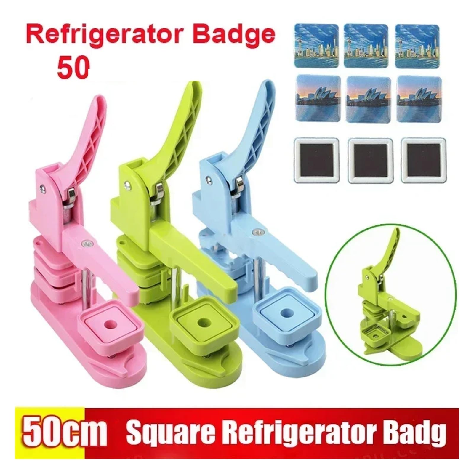 Machine à badges magnétiques carrée 50 x 50 mm for réfrigérateur, rotative et manuelle(Pink Button Maker)