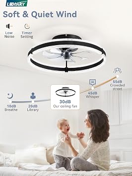 LEDIARY Ceiling Fans with Lights and Remote, 20'' Low Profile Ceiling Fan with Light, 3000-6000K Dimmable Fandelier Ceiling Fans, Modern Flush Mount Fan Light for Bedroom with 6 Wind Speeds- Black