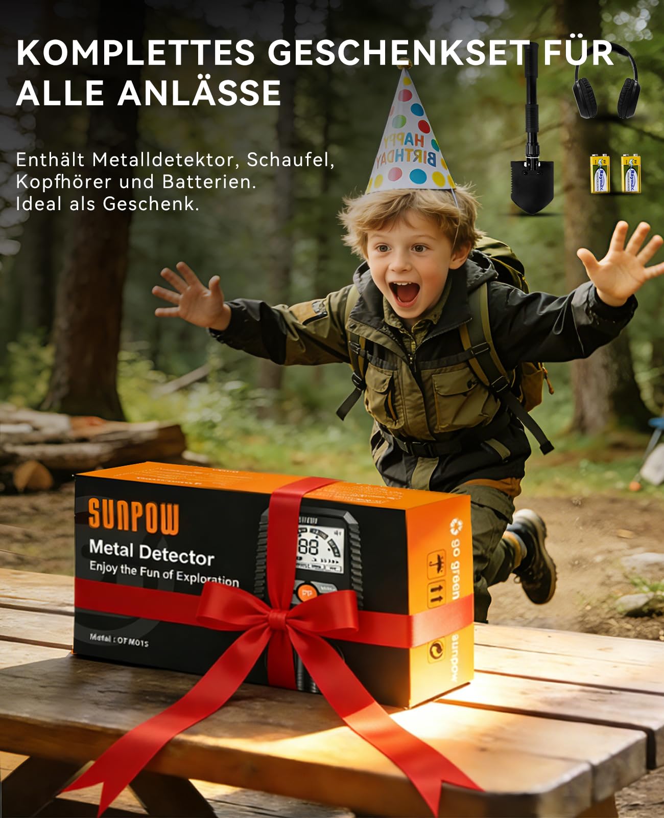 SUNPOW Metalldetektor Profi Set für Erwachsene & Kinder – Verbesserter Chip, Hohe Genauigkeit, Starke Störungsunterdrückung, 4 Suchmodi (Ganzmetall, Kerbe, Pinpoint, Memory), LCD-Display, Komplettsett