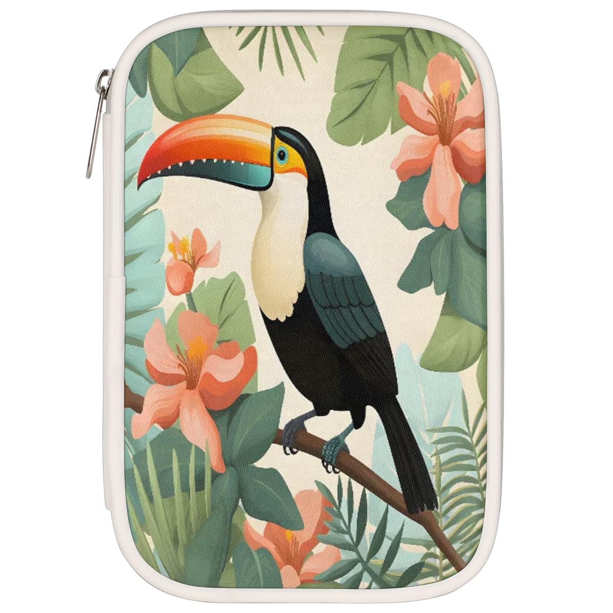 Toucan Bird Pencil Case Pen Bag Pouch Holder Stationery Organizer Pencil Bag Toucan Flowers Pencil Pouch Storage Box with Compartments PU Leather Makeup Brush Bag for Women Men College