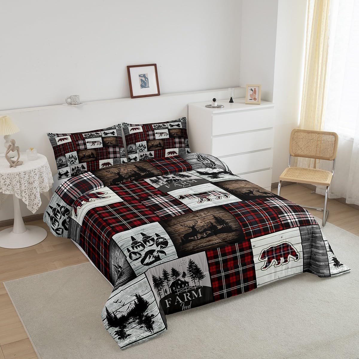 Bear Comforter for Teens Boys Girls Buffalo Plaid Check Bedding Sets for Cabin Camping Wild Farm Animal Elk Deer Duvet Insert Red Christmas Stripes Patchwork Quilt Hunting Theme Quilted Duvet,Full