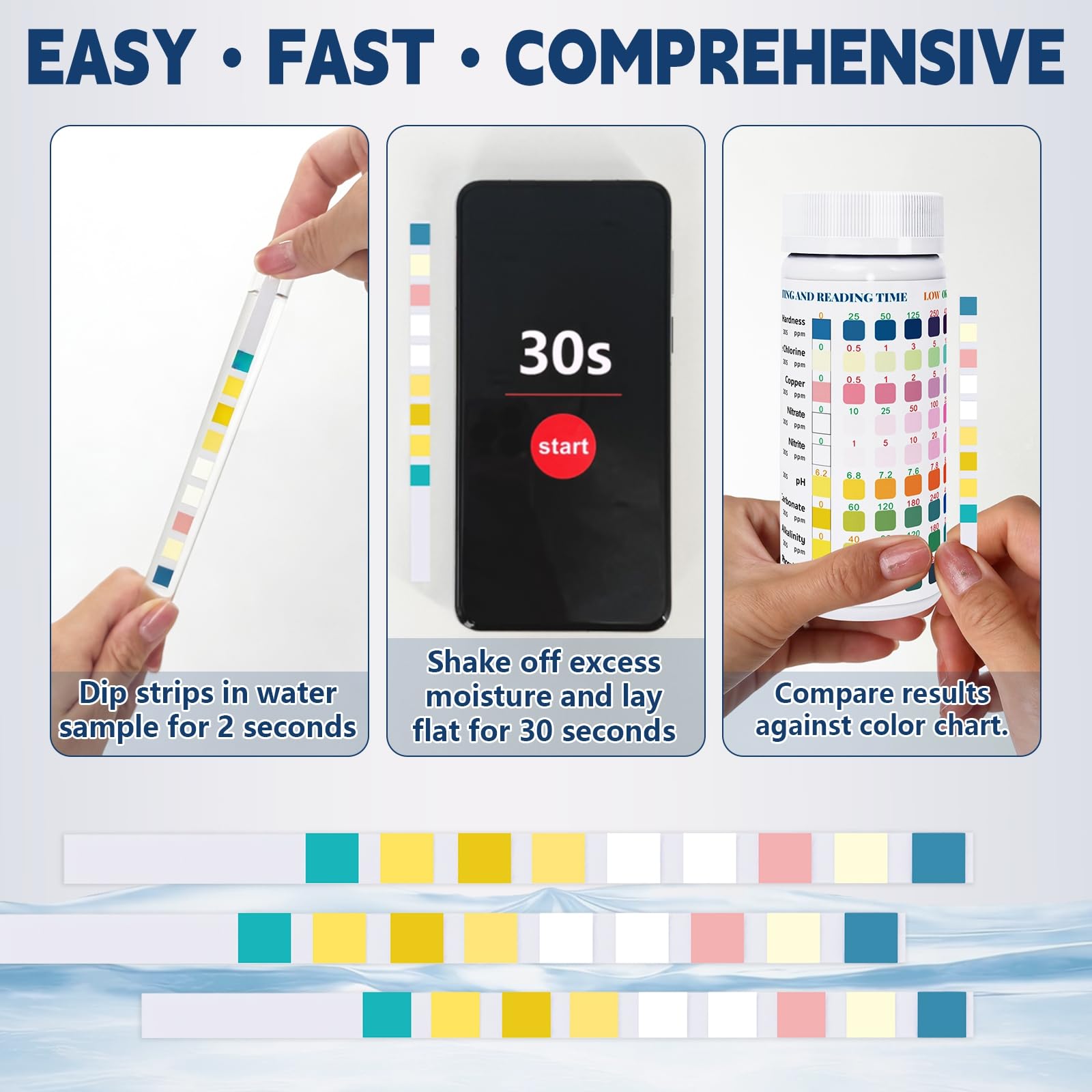 9 in 1 Aquarium Test Strips, 100 Count, Fish Tank Water Test Kit for Freshwater & Saltwater, Tests Nitrate, Nitrite, pH, KH, Total Alkalinity, Hardness, Free Chlorine, Copper & Phosphate - image 3
