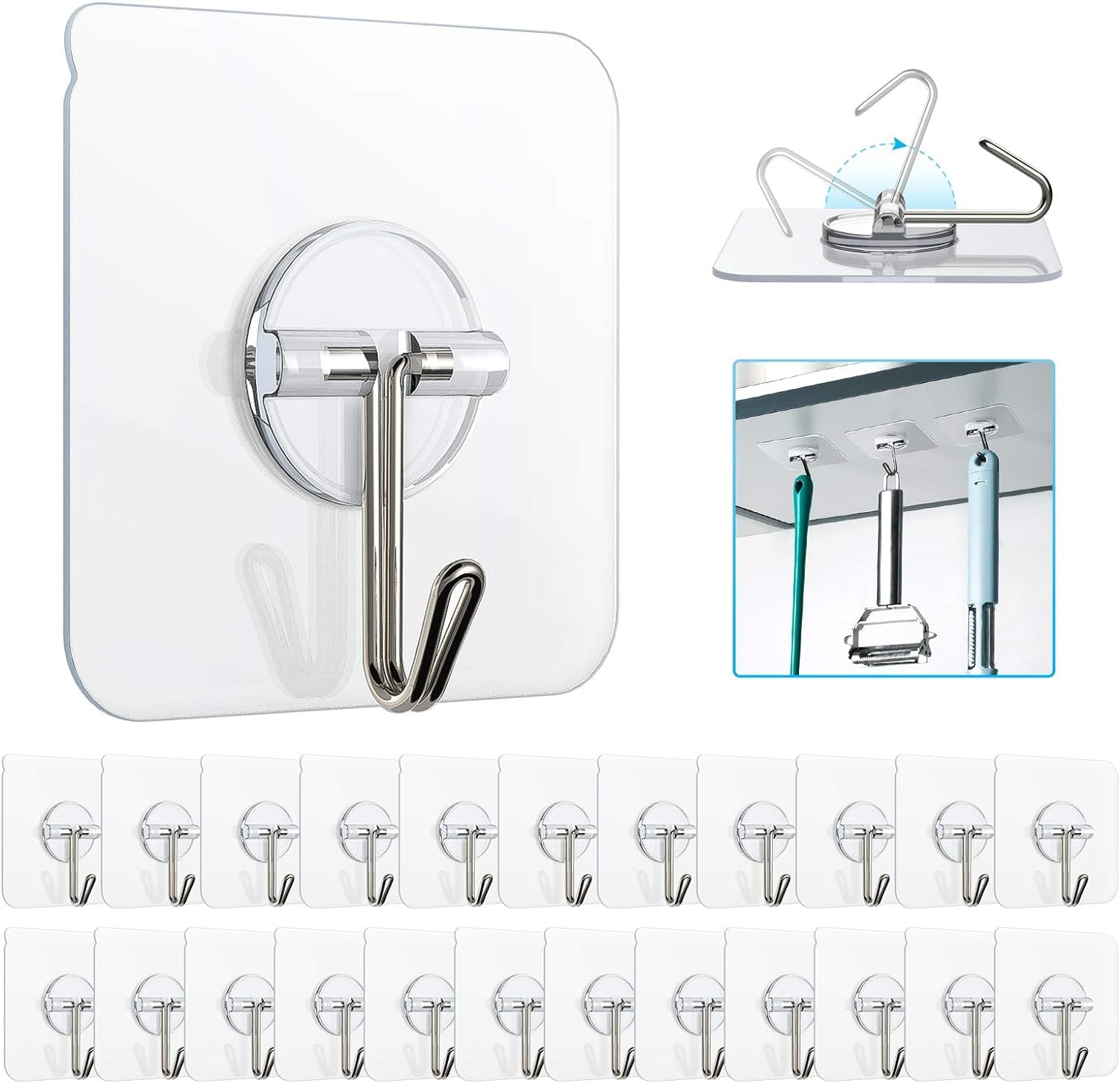 ULUPI EXIM Stainless Steel Adhesive Hooks For Wall Without Drilling, Transparent, Heavy Duty, No Drill (Pack Of 20, Round Hanging Hook)